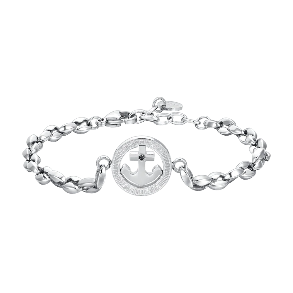 BRACCIALE UOMO IN ACCIAIO ANCORA E CRISTALLO NERO