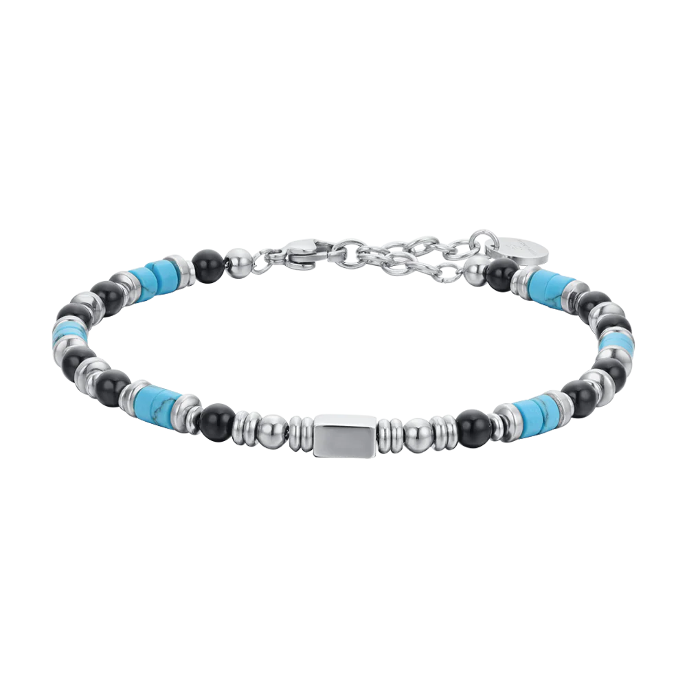 BRACCIALE UOMO IN ACCIAIO CON AGATA NERA E PIETRE TURCHESI