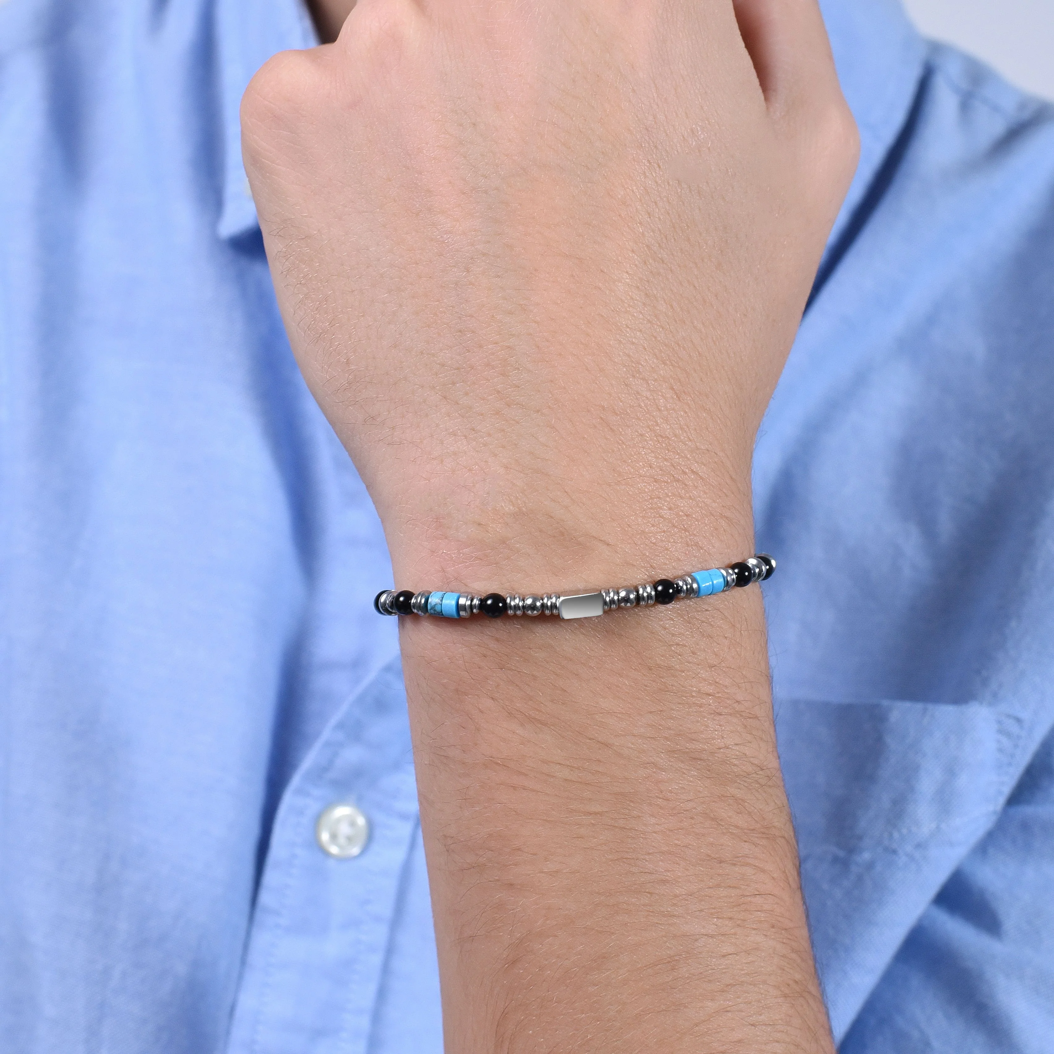 BRACCIALE UOMO IN ACCIAIO CON AGATA NERA E PIETRE TURCHESI - Image 2