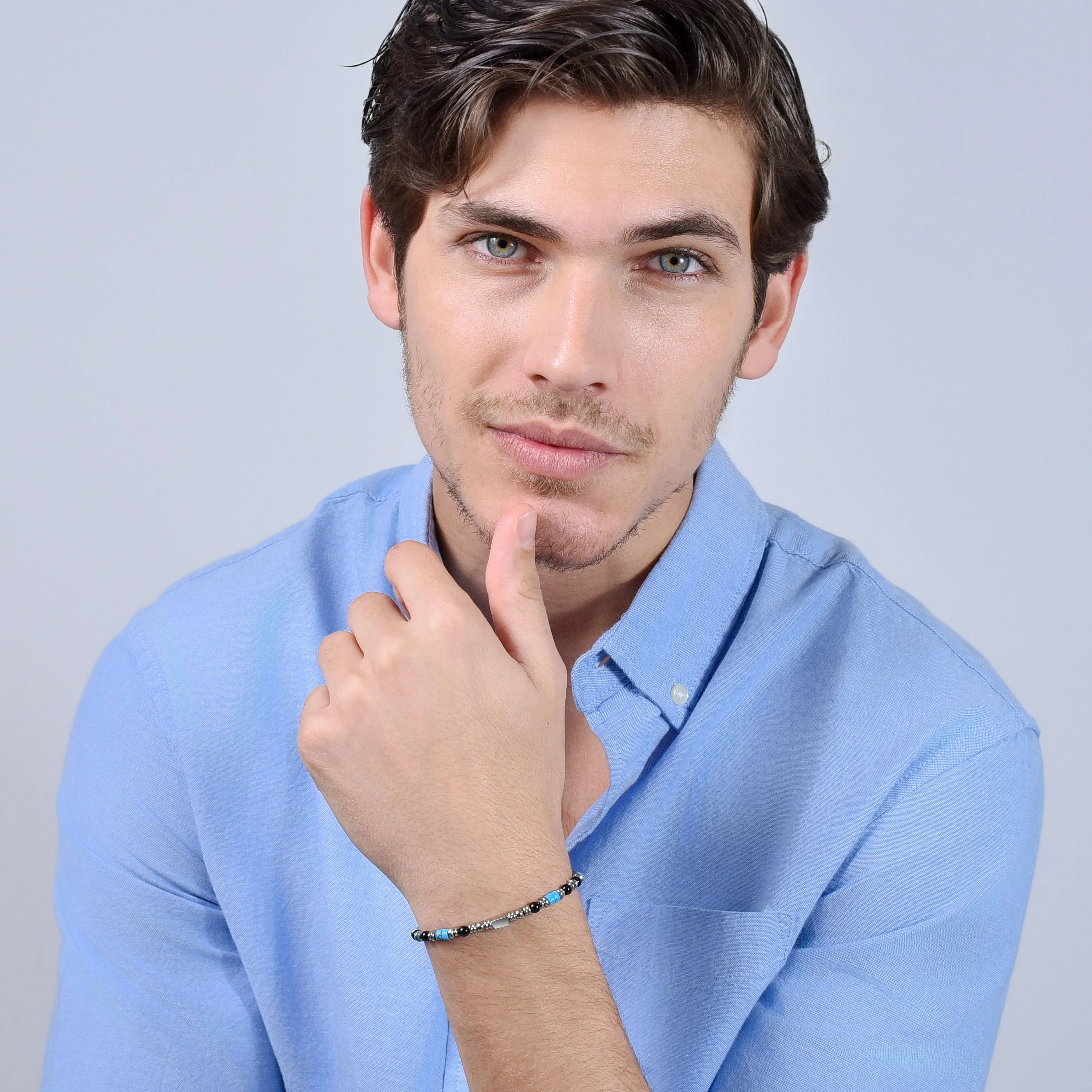 BRACCIALE UOMO IN ACCIAIO CON AGATA NERA E PIETRE TURCHESI - Image 3