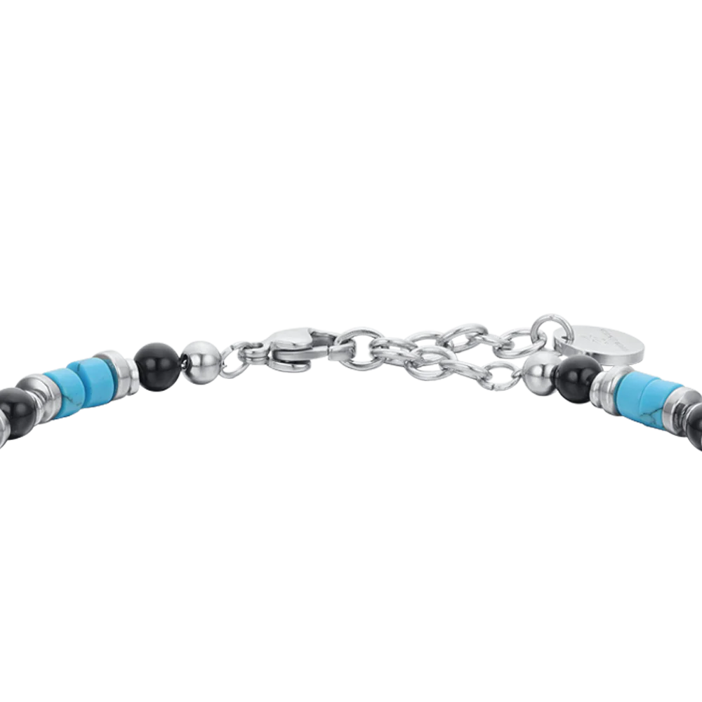 BRACCIALE UOMO IN ACCIAIO CON AGATA NERA E PIETRE TURCHESI - Image 5