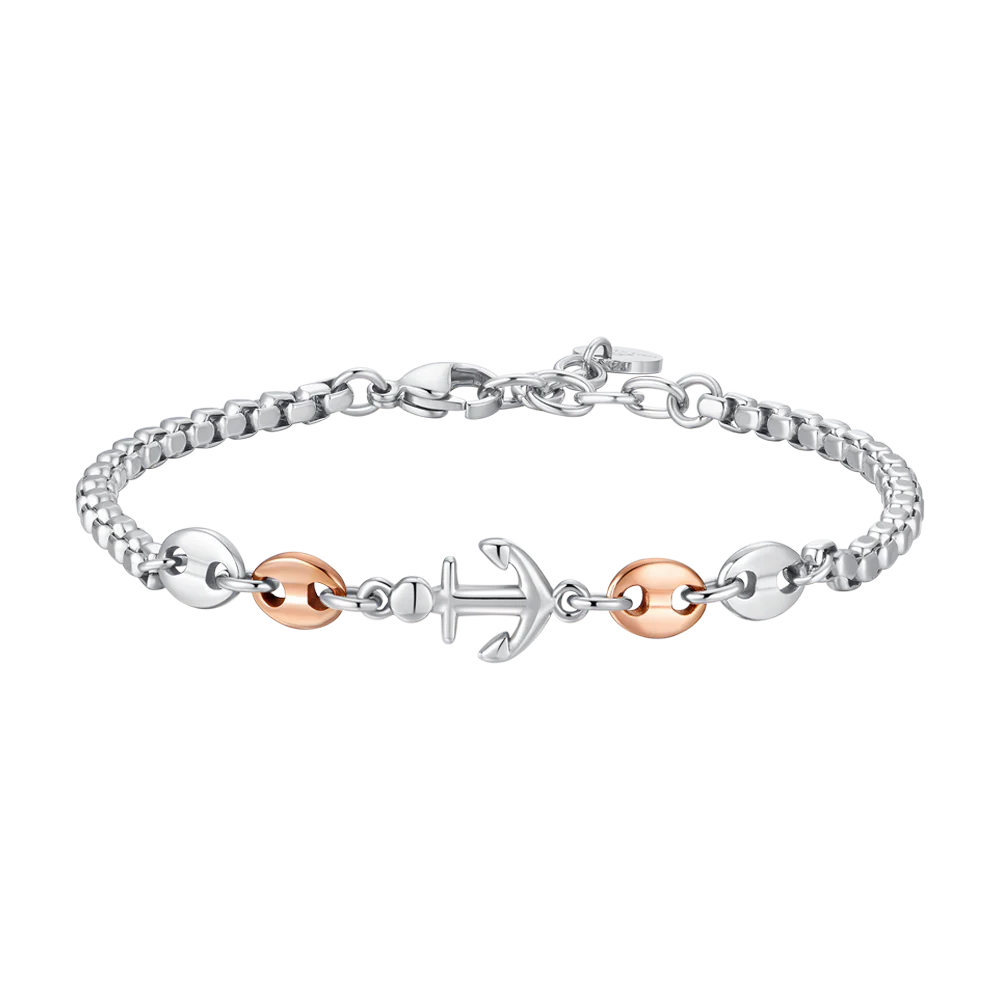BRACCIALE UOMO IN ACCIAIO CON ANCORA ED ELEMENTI IN ACCIAIO IP ROSE