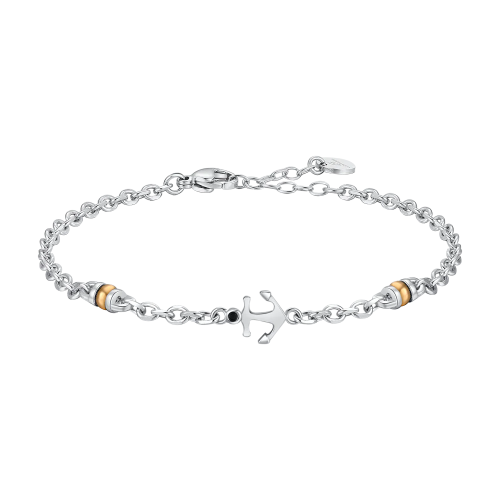 BRACCIALE UOMO IN ACCIAIO CON ANCORA, ZIRCONE NERO ED ELEMENTO IN IP GOLD