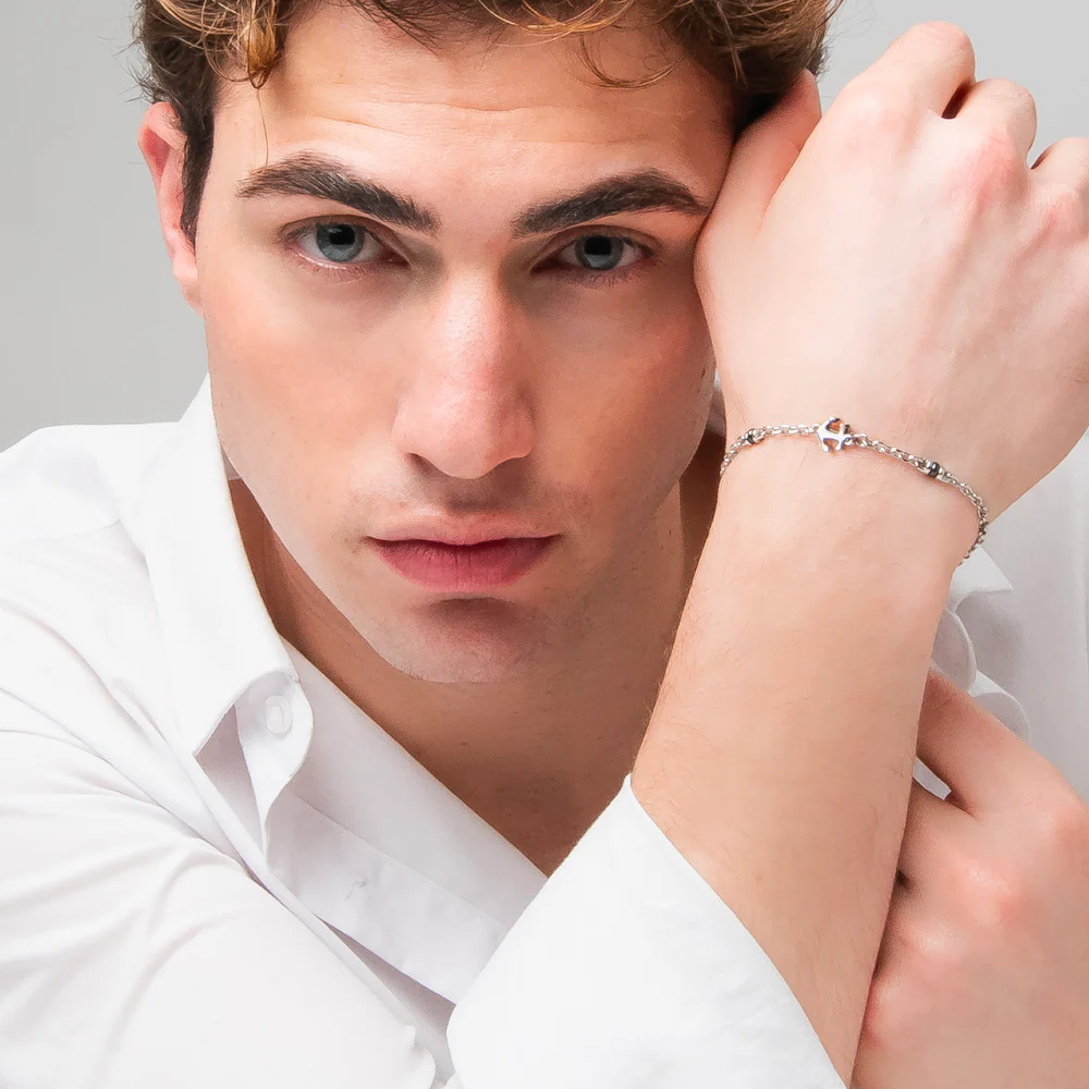 BRACCIALE UOMO IN ACCIAIO CON ANCORA, ZIRCONE NERO ED ELEMENTO IN IP NERO - Image 3