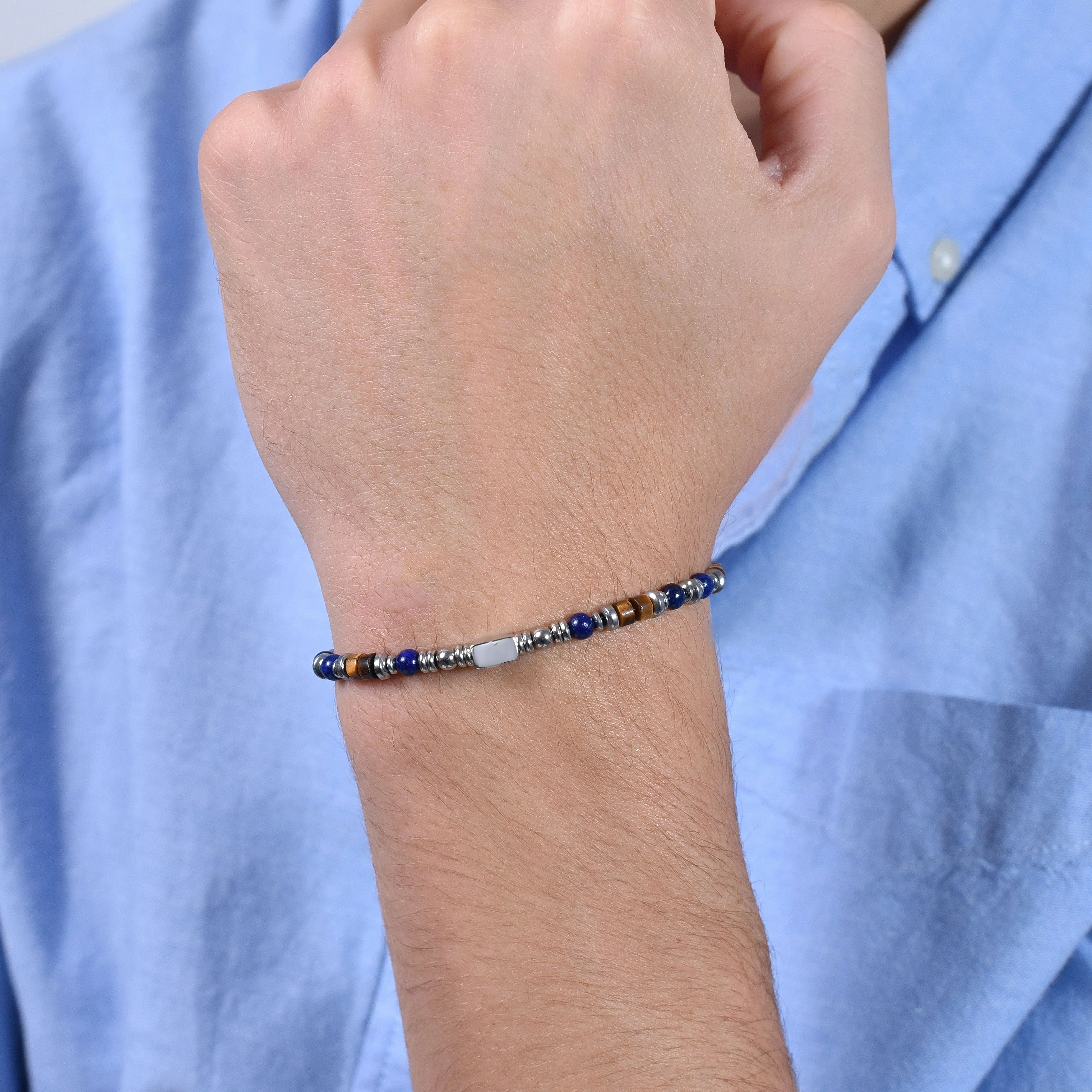 BRACCIALE UOMO IN ACCIAIO CON PIETRA LAPIS ED ELEMENTI OCCHIO DI TIGRE - Image 2