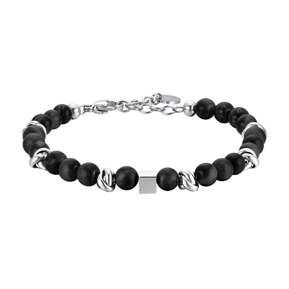 BRACCIALE UOMO IN ACCIAIO CON PIETRE NERE ED ELEMENTI IN ACCIAIO