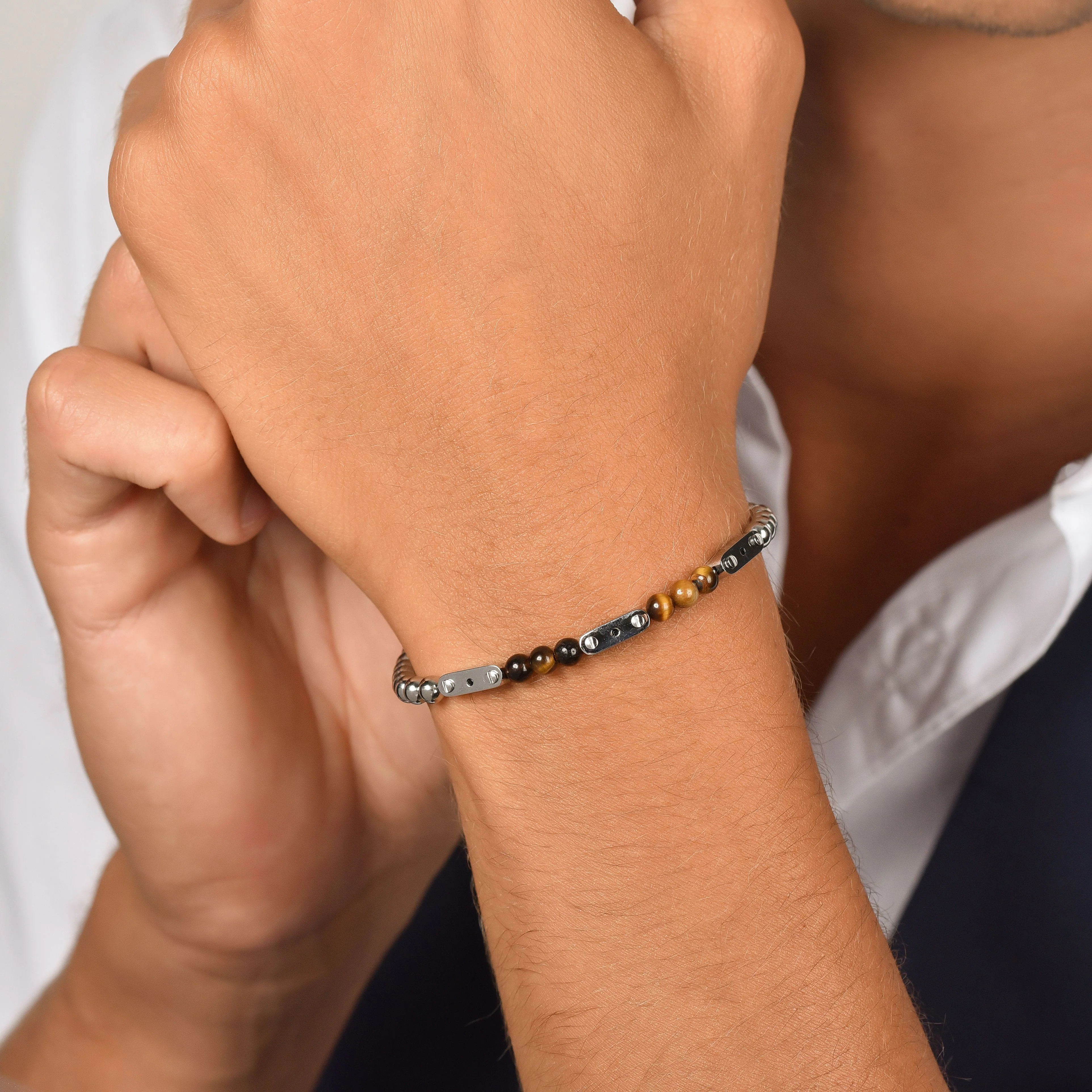 BRACCIALE UOMO IN ACCIAIO CON PIETRE OCCHIO DI TIGRE - Image 2