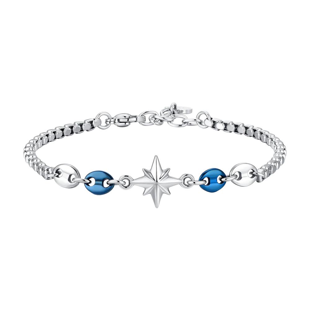 BRACCIALE UOMO IN ACCIAIO CON ROSA DEI VENTI ED ELEMENTI IN ACCIAIO IP BLU