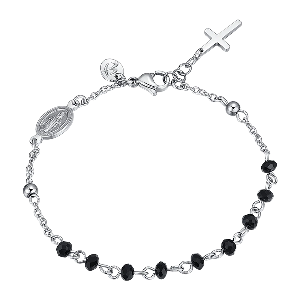 BRACCIALE UOMO IN ACCIAIO CON ROSARIO, CROCE PENDENTE E CRISTALLI NERI