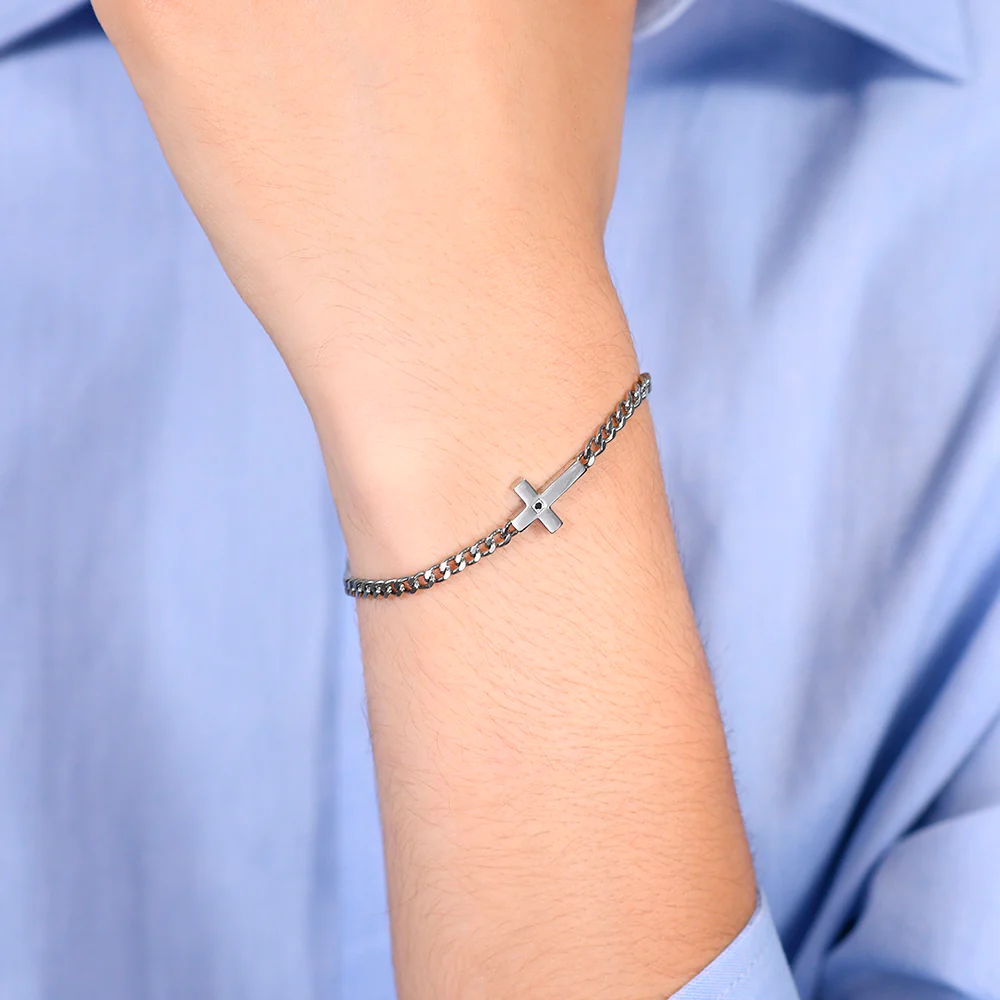 BRACCIALE UOMO IN ACCIAIO CROCE E ZIRCONE NERO - Image 2