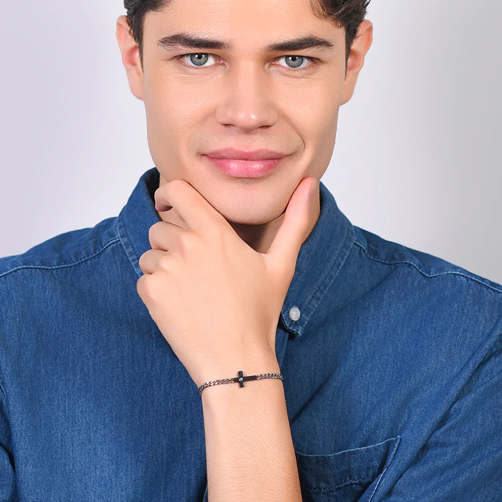 BRACCIALE UOMO IN ACCIAIO CROCE IP BLACK E ZIRCONE BIANCO - Image 3