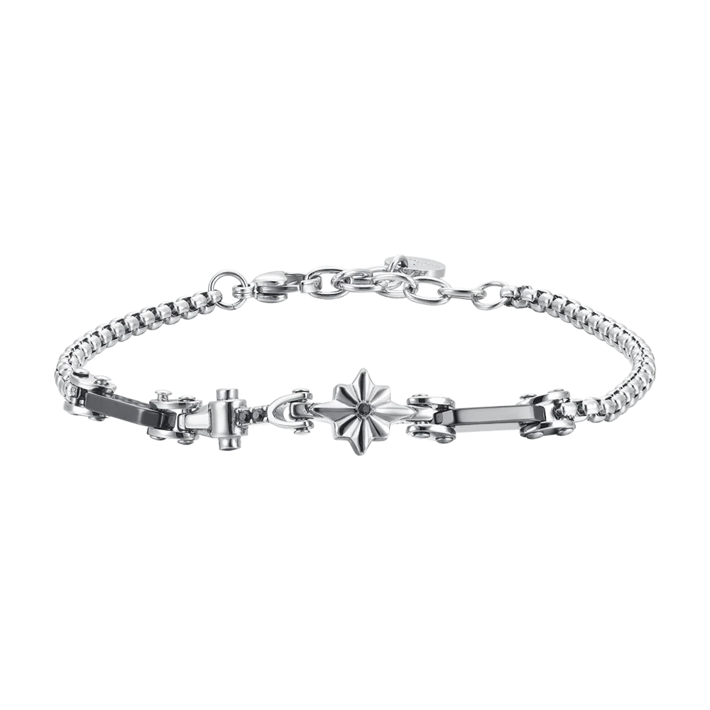 BRACCIALE UOMO IN ACCIAIO E CERAMICA CON ROSA DEI VENTI