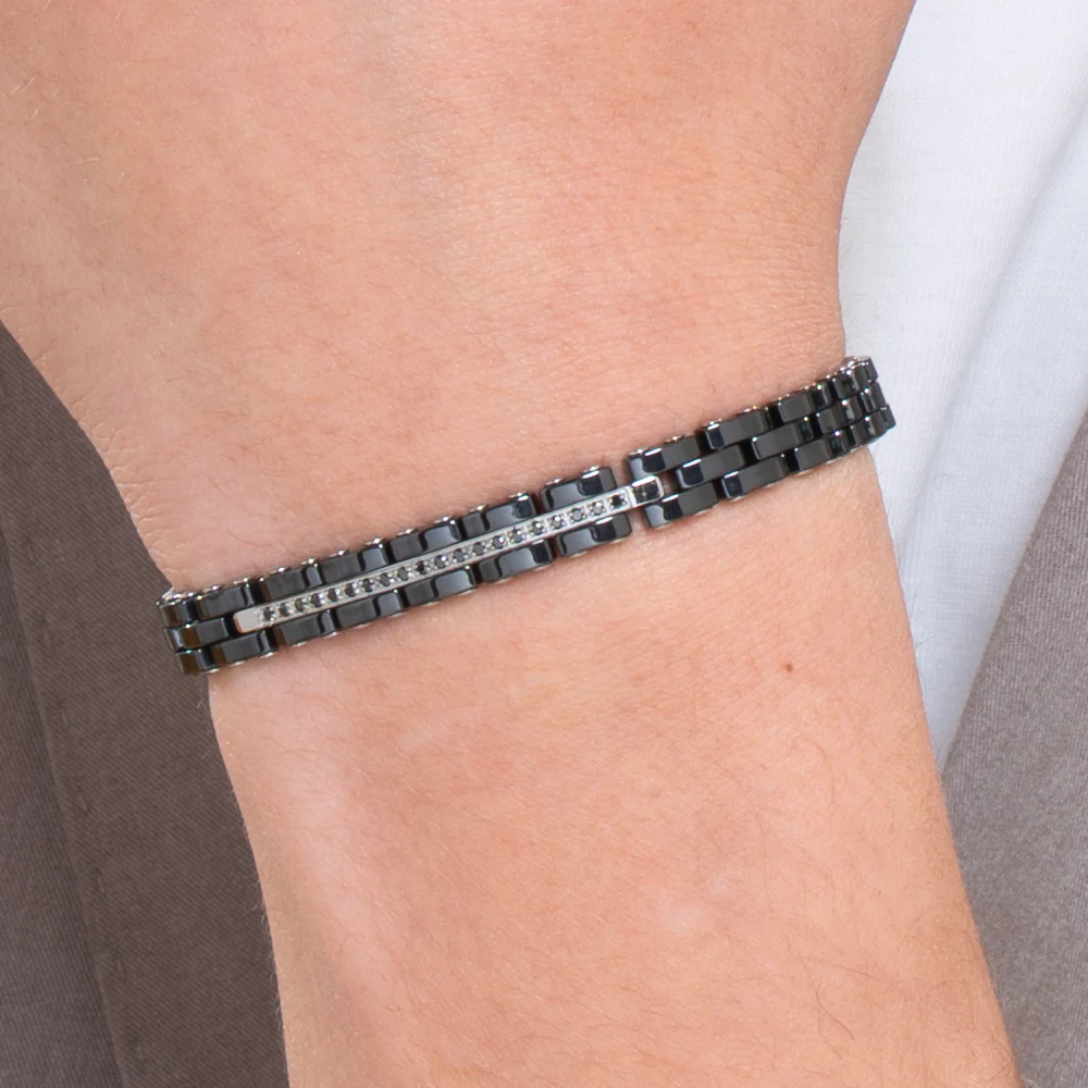 BRACCIALE UOMO IN ACCIAIO E CERAMICA NERA CON CRISTALLI NERI - Image 2
