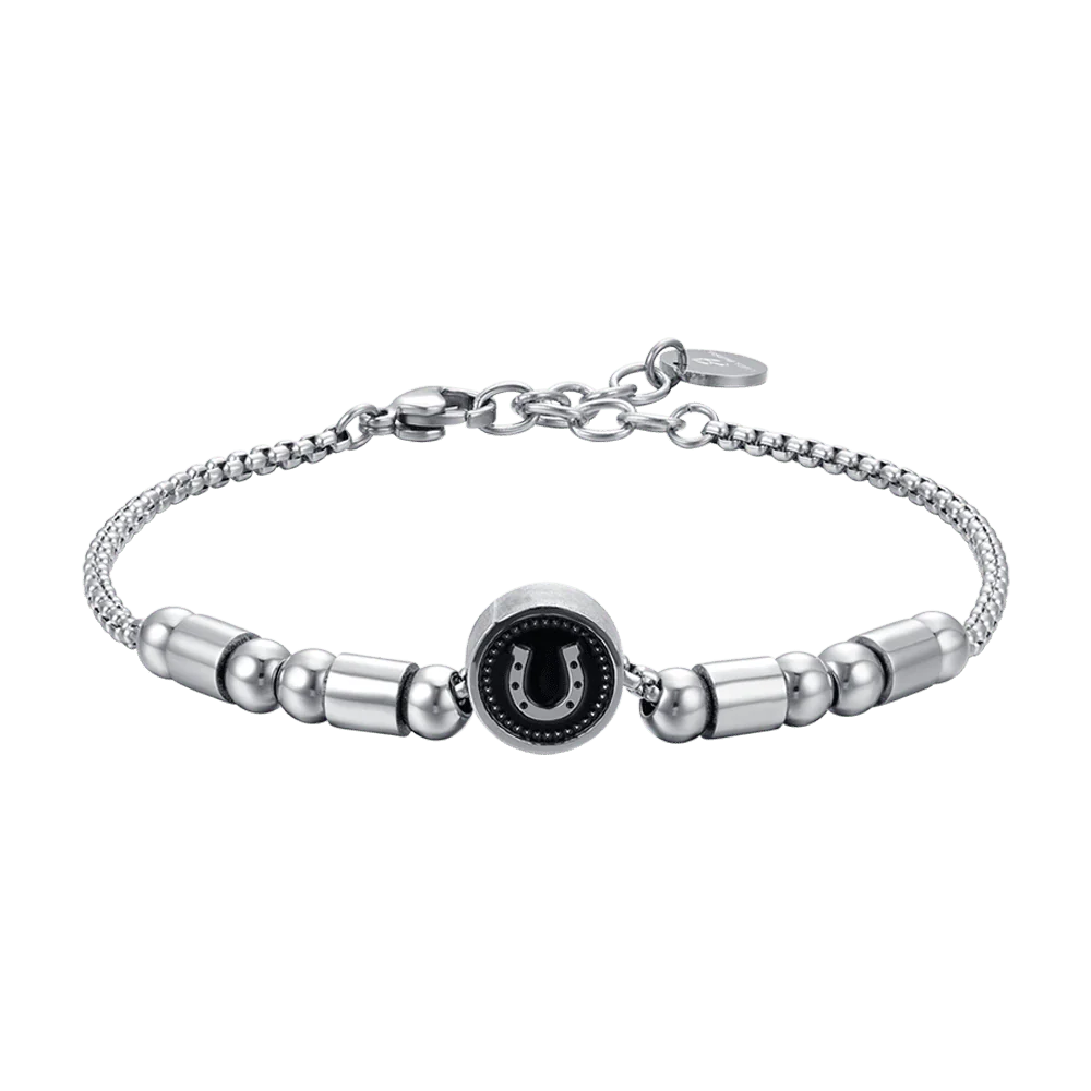 BRACCIALE UOMO IN ACCIAIO ELEMENTO CON FERRO DI CAVALLO SILVER E SMALTO NERO