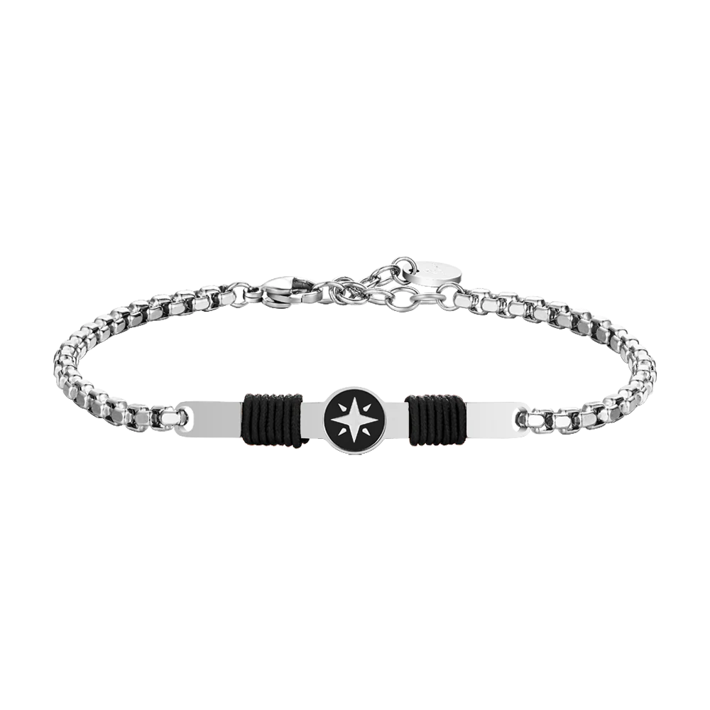 BRACCIALE UOMO IN ACCIAIO, PIASTRA CON SMALTO NERO E ROSA DEI VENTI E CORDA NERA