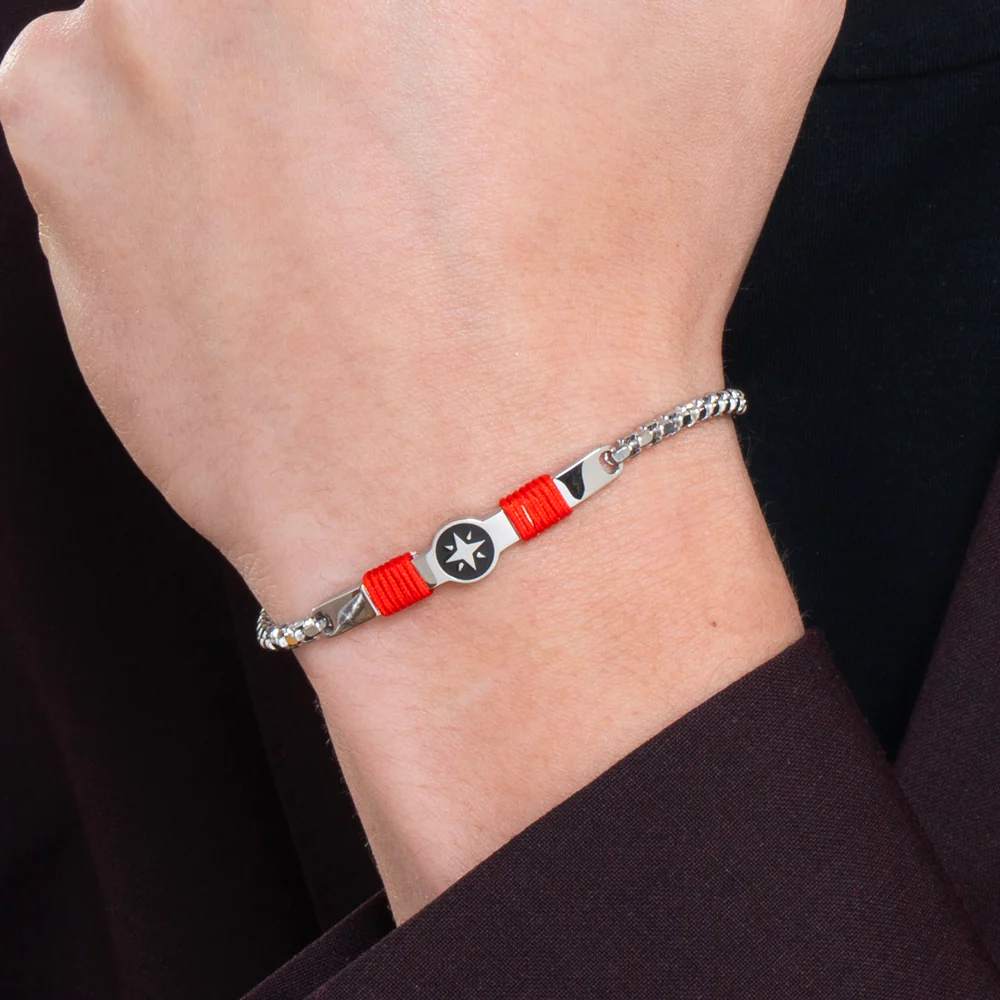 BRACCIALE UOMO IN ACCIAIO, PIASTRA CON SMALTO NERO E ROSA DEI VENTI E CORDA ROSS - Image 2