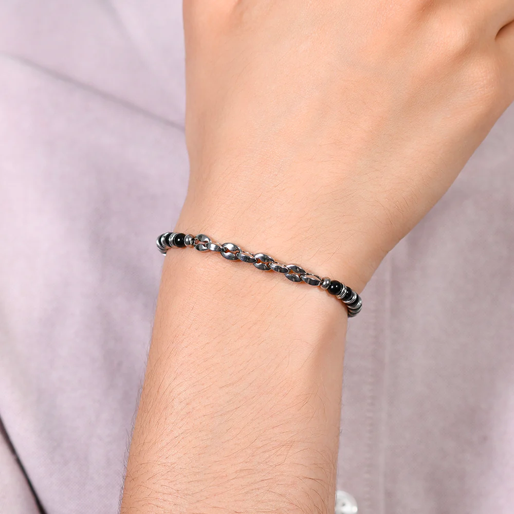 BRACCIALE UOMO IN ACCIAIO PIETRE AGATA NERA - Image 2