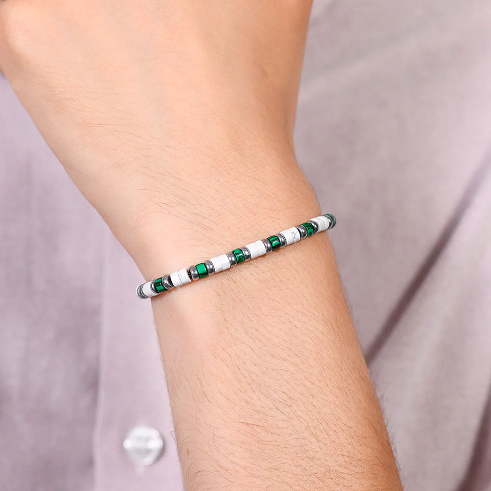 BRACCIALE UOMO IN ACCIAIO PIETRE BIANCHE E VERDI - Image 2