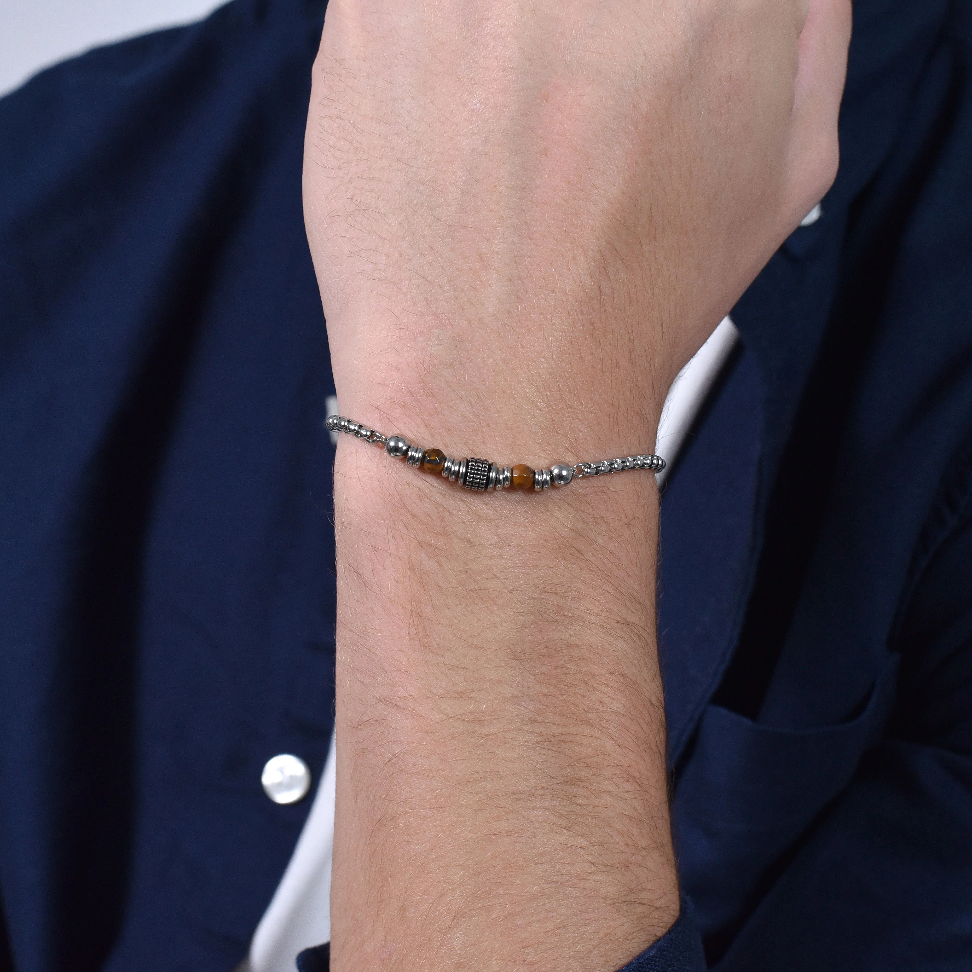 BRACCIALE UOMO IN ACCIAIO PIETRE OCCHIO DI TIGRE - Image 2