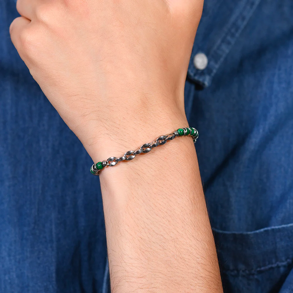 BRACCIALE UOMO IN ACCIAIO PIETRE VERDI ED ELEMENTI IN ACCIAIO - Image 2