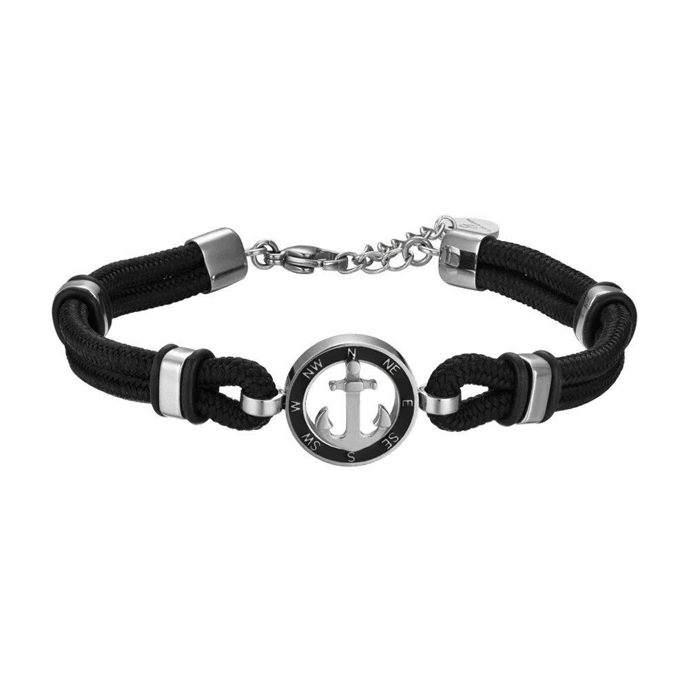 BRACCIALE UOMO IN CORDA NERA CON ANCORA CON SMALTO NERO