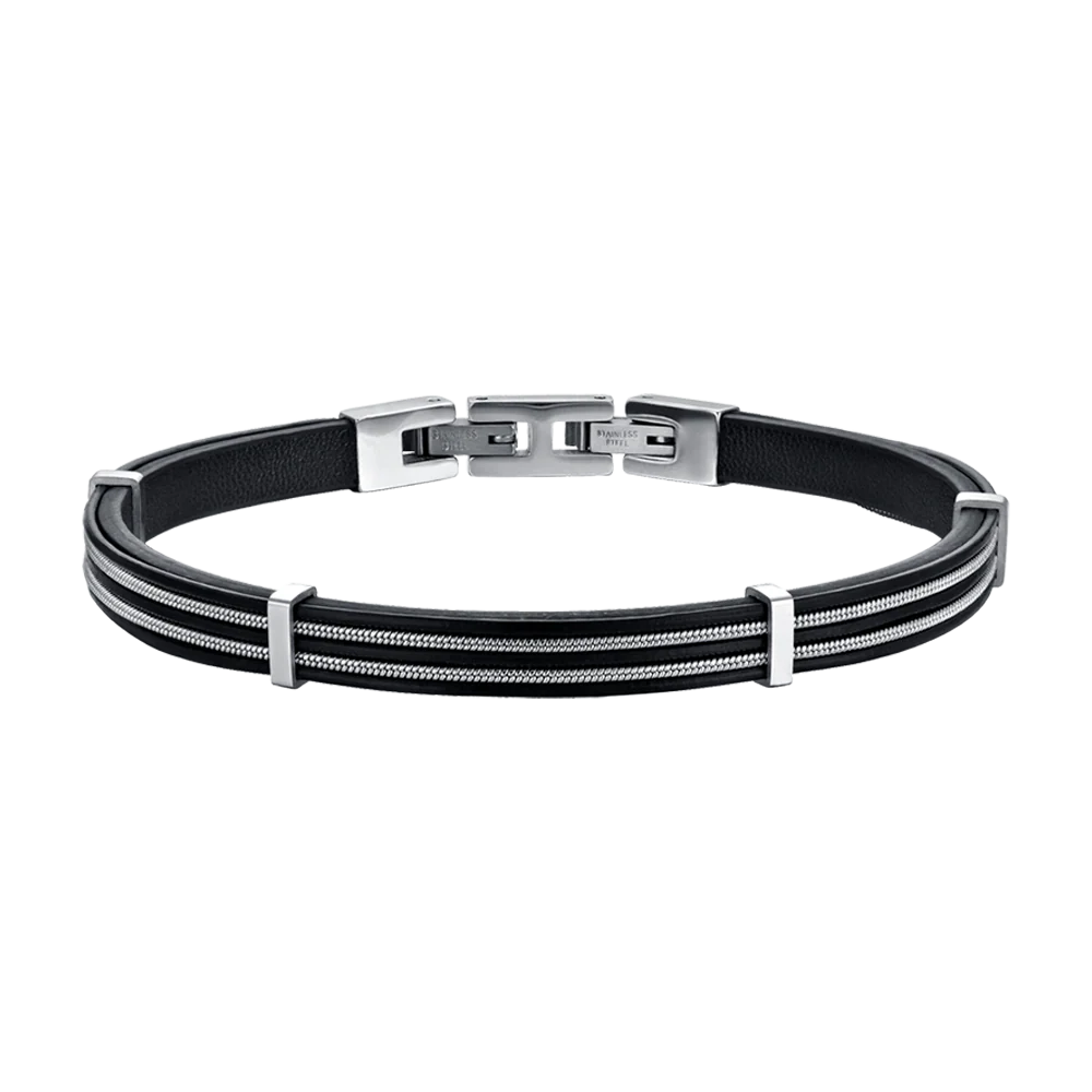 BRACCIALE UOMO IN CUOIO NERO CON ELEMENTI IN ACCIAIO