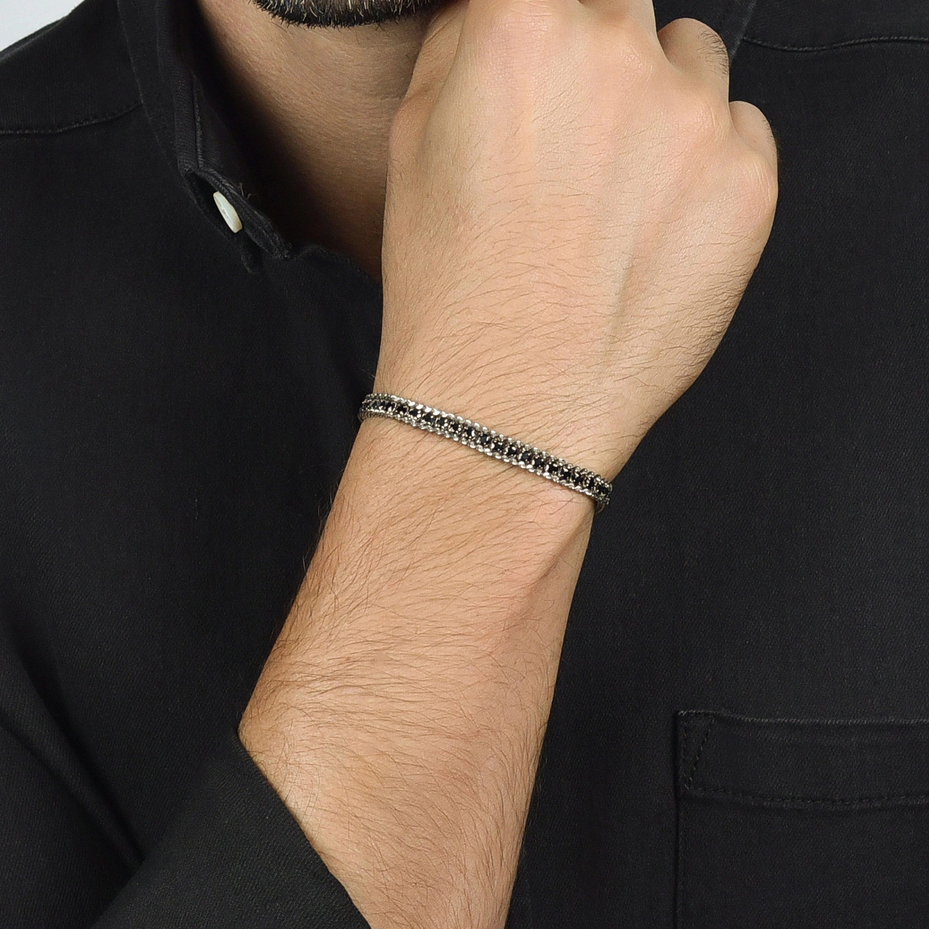 BRACCIALE UOMO TENNIS IN ACCIAIO CON CRISTALLI NERI - Image 2