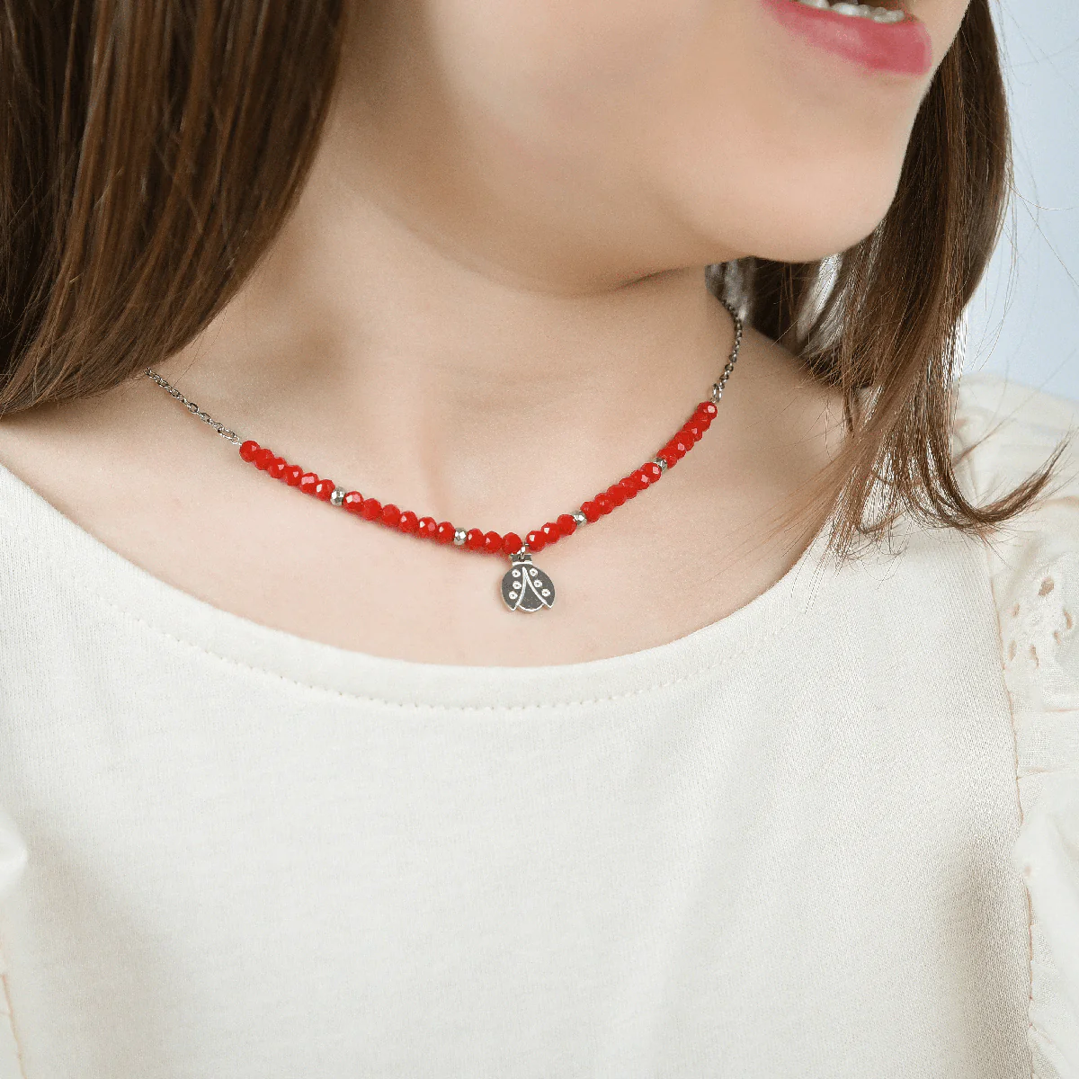 COLLANA BAMBINA IN ACCIAIO CON PIETRE ROSSE E COCCINELLA - Image 5