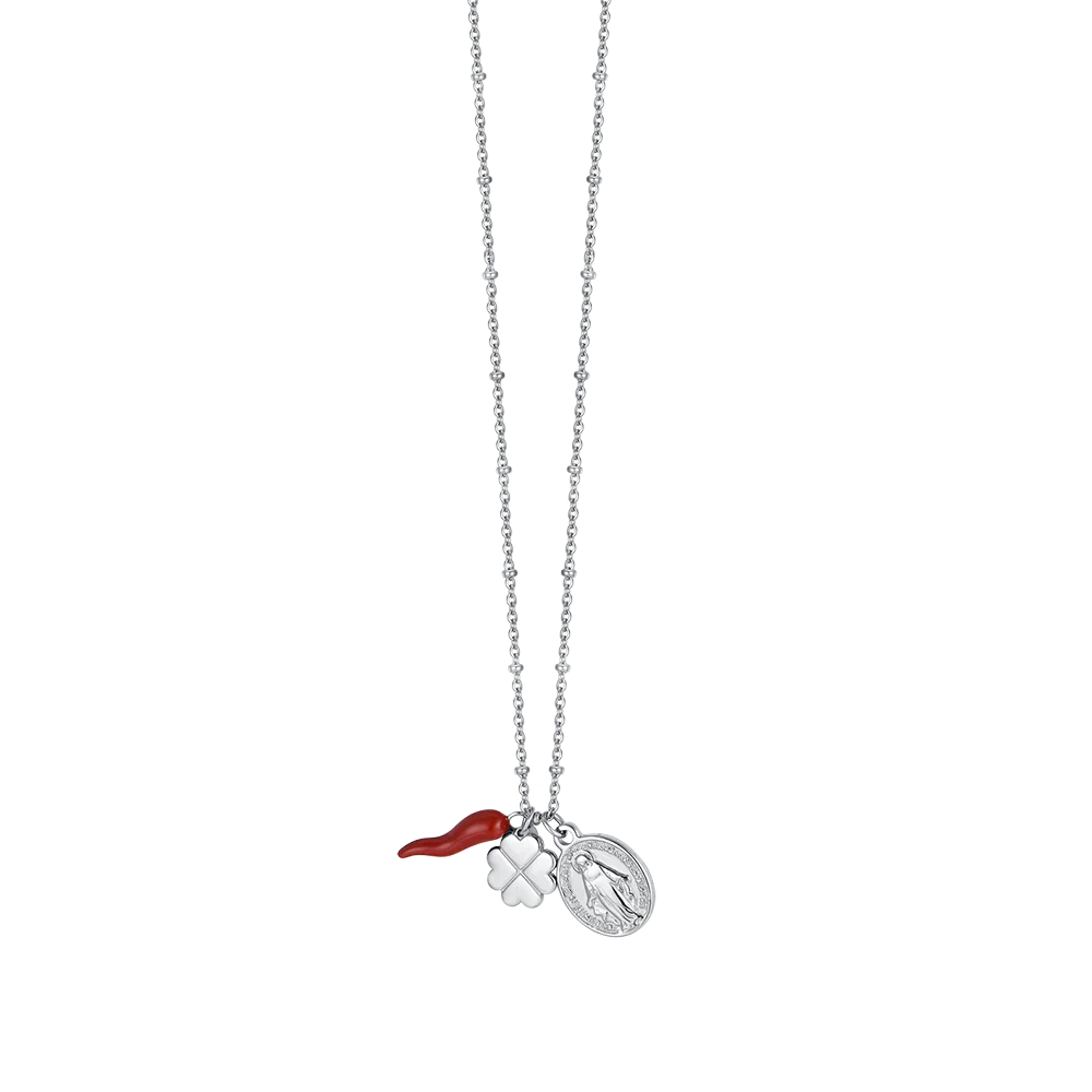 COLLANA DONNA IN ACCIAIO CON CHARM QUADRIFOGLIO, CORNO E MADONNA