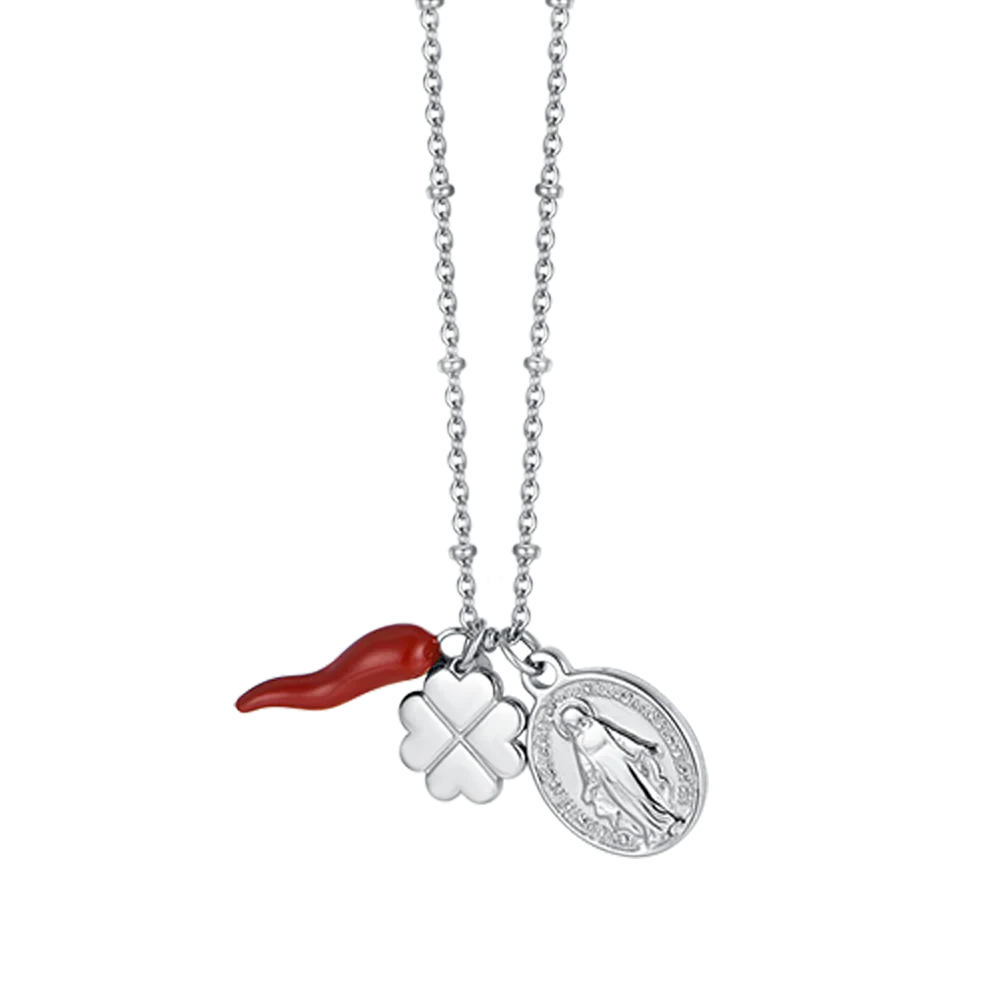 COLLANA DONNA IN ACCIAIO CON CHARM QUADRIFOGLIO, CORNO E MADONNA - Image 4