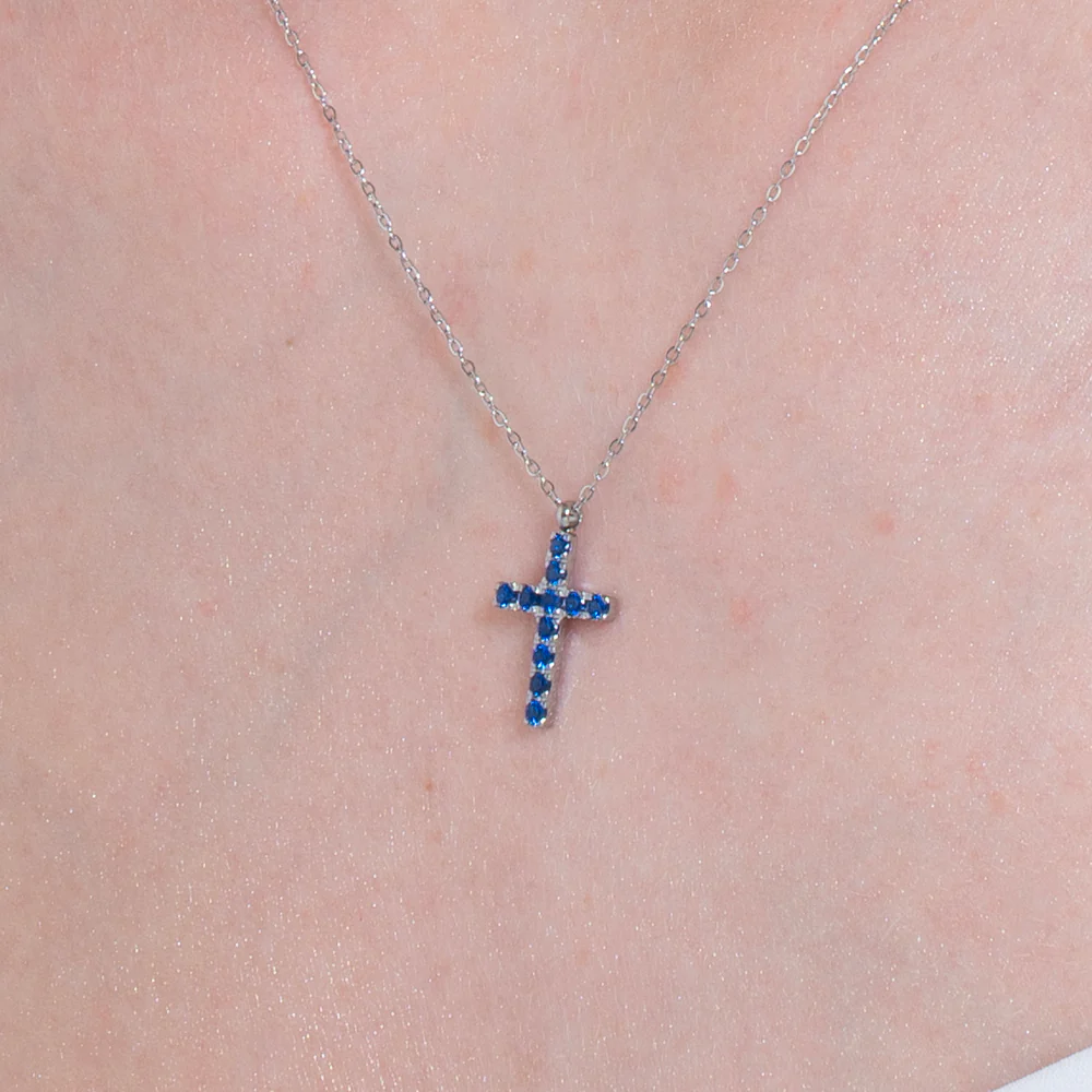 COLLANA DONNA IN ACCIAIO CON CROCE E ZIRCONI BLU - Image 2
