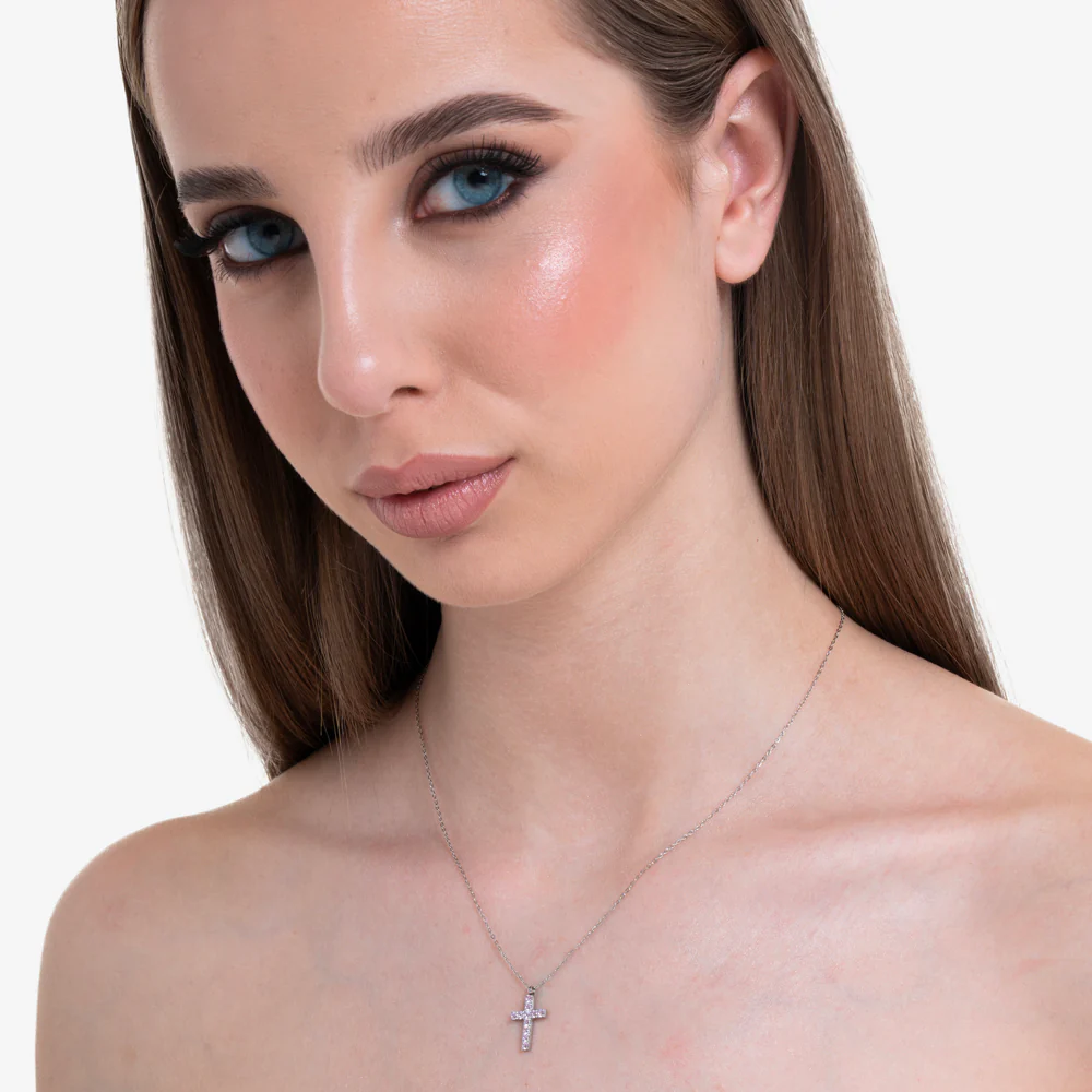 COLLANA DONNA IN ACCIAIO CON CROCE E ZIRCONI ROSA - Image 3