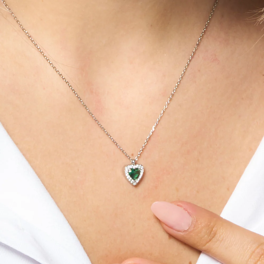 COLLANA DONNA IN ACCIAIO CON CUORE CON ZIRCONI VERDI E BIANCHI - Image 2