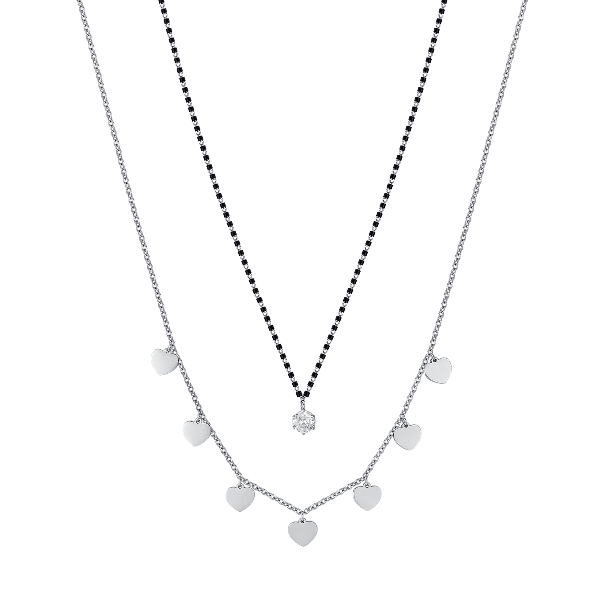 COLLANA DONNA IN ACCIAIO CON CUORI, ELEMENTI IP NERO E CRISTALLO BIANCO