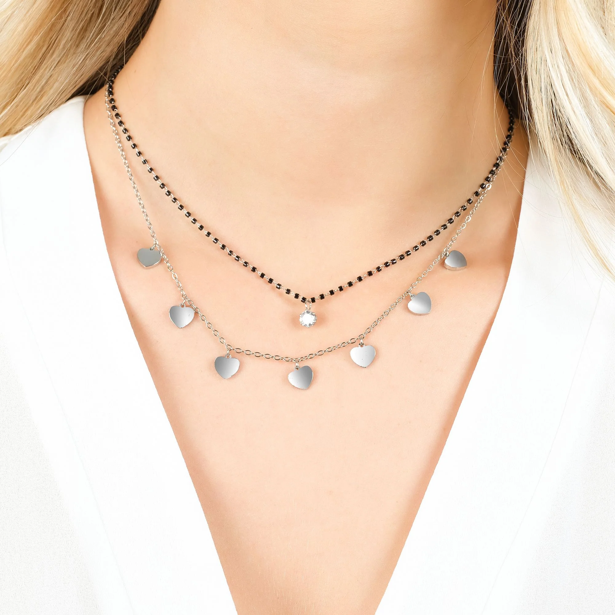 COLLANA DONNA IN ACCIAIO CON CUORI, ELEMENTI IP NERO E CRISTALLO BIANCO - Image 2