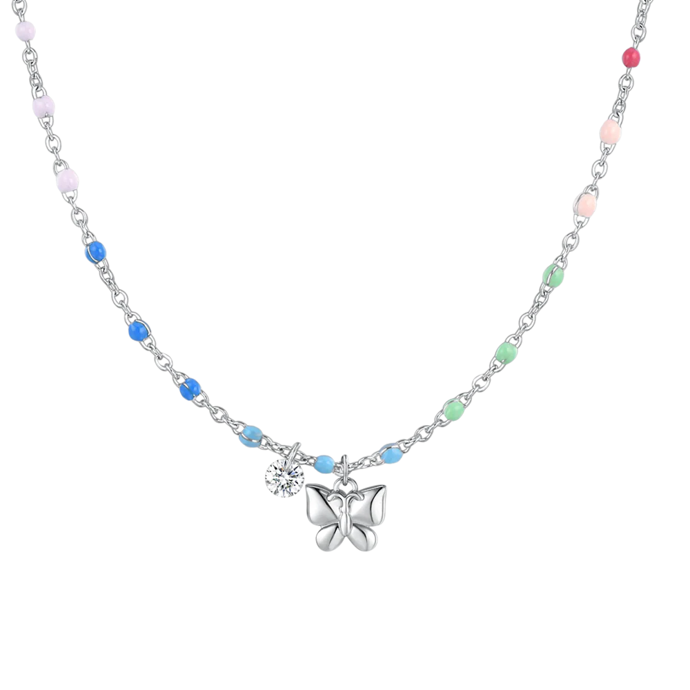 COLLANA DONNA IN ACCIAIO CON FARFALLA, CRISTALLO E PIETRE CON SMALTO MULTICOLOR