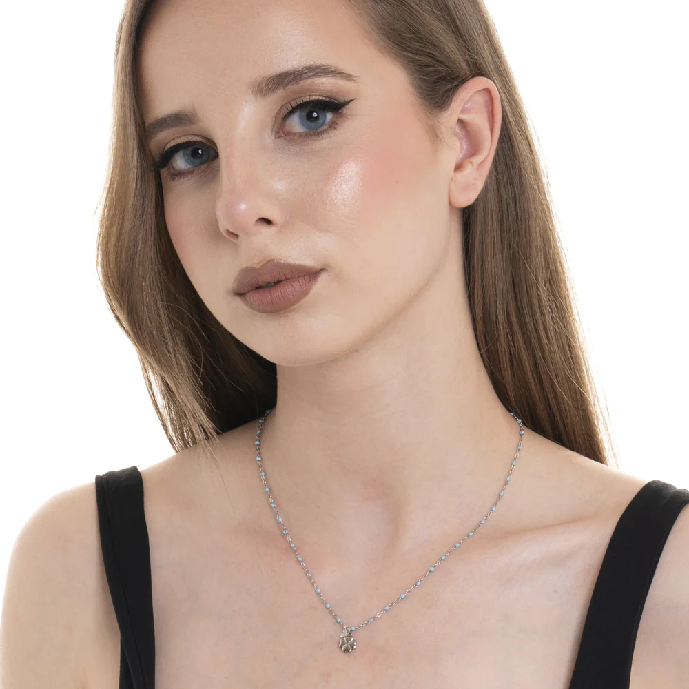 COLLANA DONNA IN ACCIAIO CON QUADRIFOGLIO,CRISTALLO E PIETRE CON SMALTO TURCHESE - Image 3