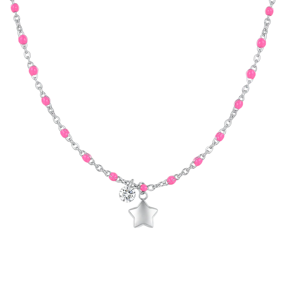COLLANA DONNA IN ACCIAIO CON STELLA, CRTISTALLO E PIETRE CON SMALTO FUCSIA