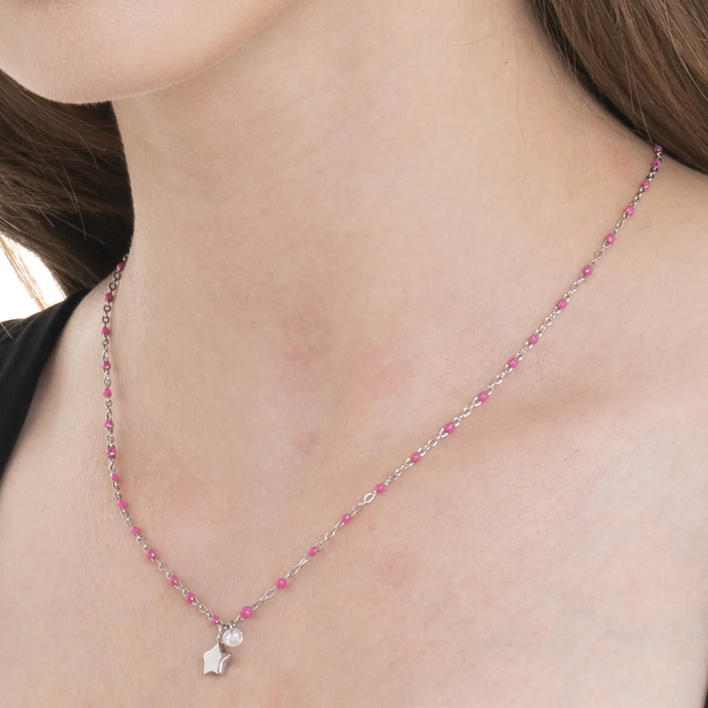 COLLANA DONNA IN ACCIAIO CON STELLA, CRTISTALLO E PIETRE CON SMALTO FUCSIA - Image 2