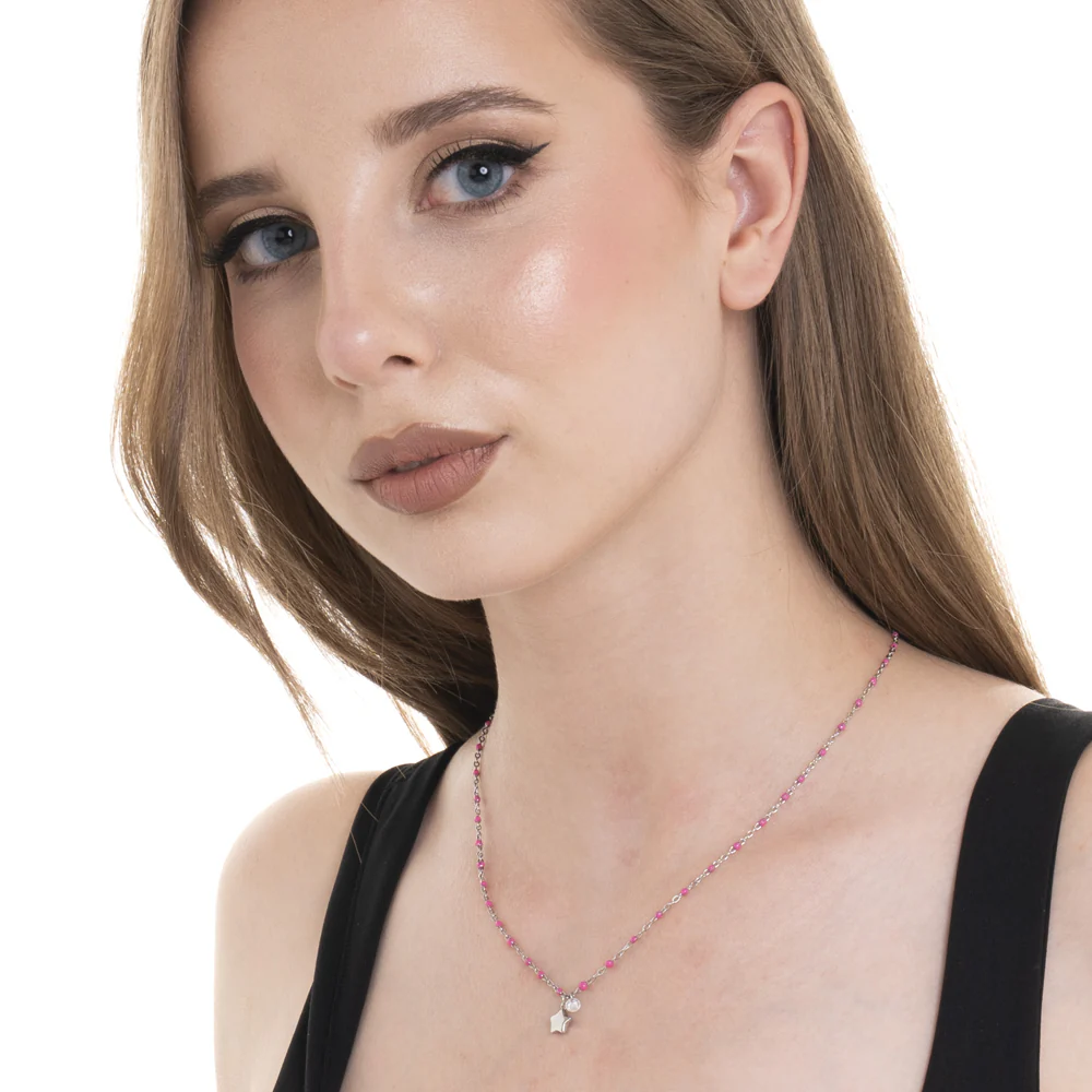 COLLANA DONNA IN ACCIAIO CON STELLA, CRTISTALLO E PIETRE CON SMALTO FUCSIA - Image 3