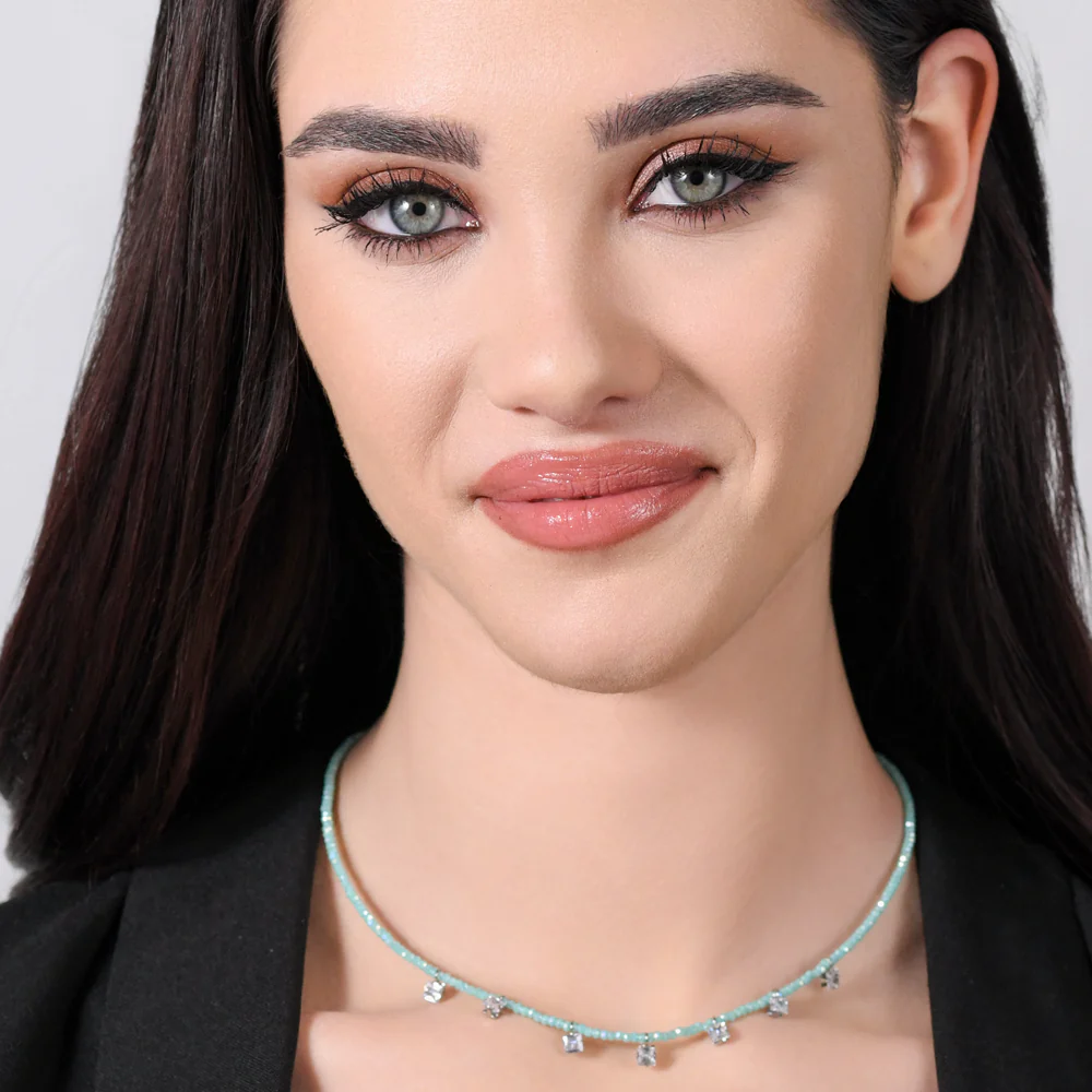 COLLANA DONNA IN ACCIAIO CRISTALLI TURCHESI E ZIRCONI BIANCHI - Image 3