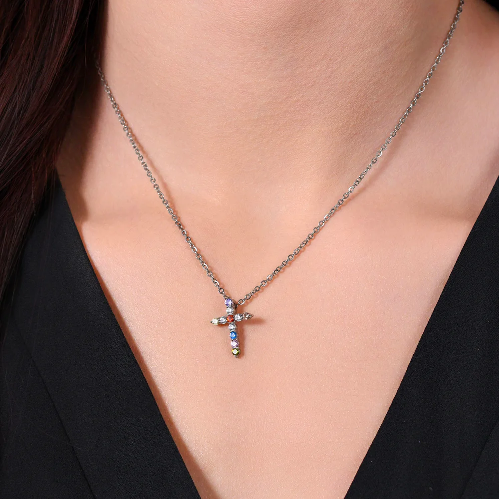 COLLANA DONNA IN ACCIAIO CROCE ZIRCONI MUTICOLOR - Image 2