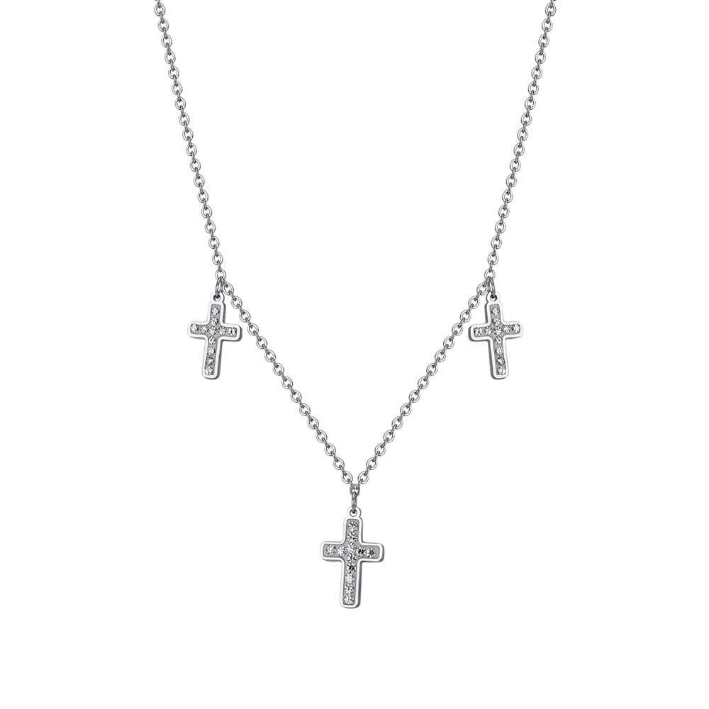 COLLANA DONNA IN ACCIAIO CROCI CON CRISTALLI BIANCHI