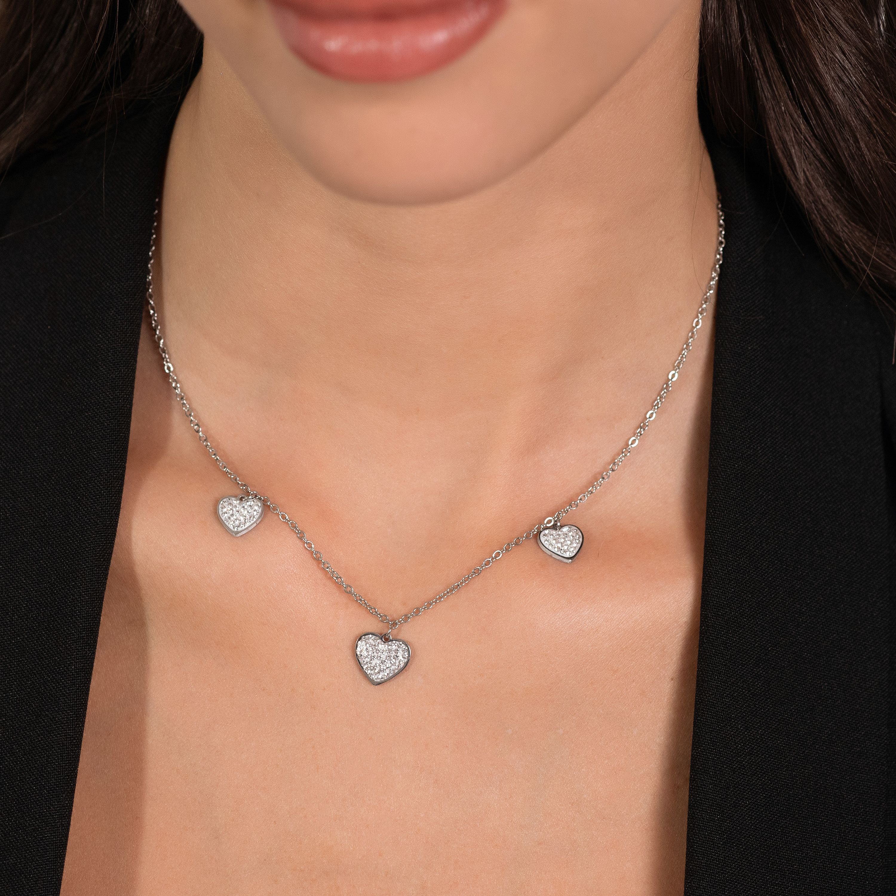 COLLANA DONNA IN ACCIAIO CUORI CON CRISTALLI BIANCHI - Image 2