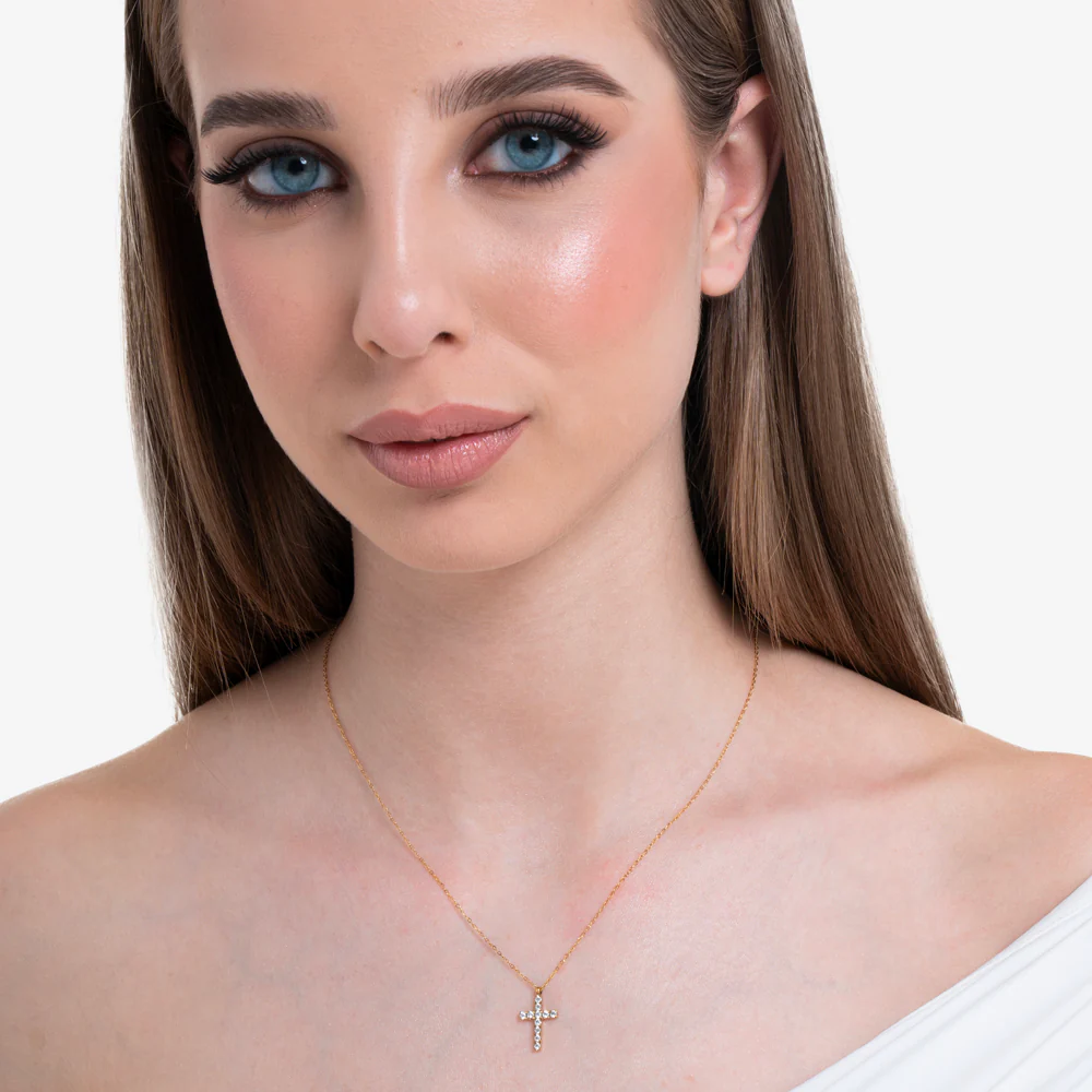 COLLANA DONNA IN ACCIAIO E IP GOLD CON CROCE E ZIRCONI BIANCHI - Image 3