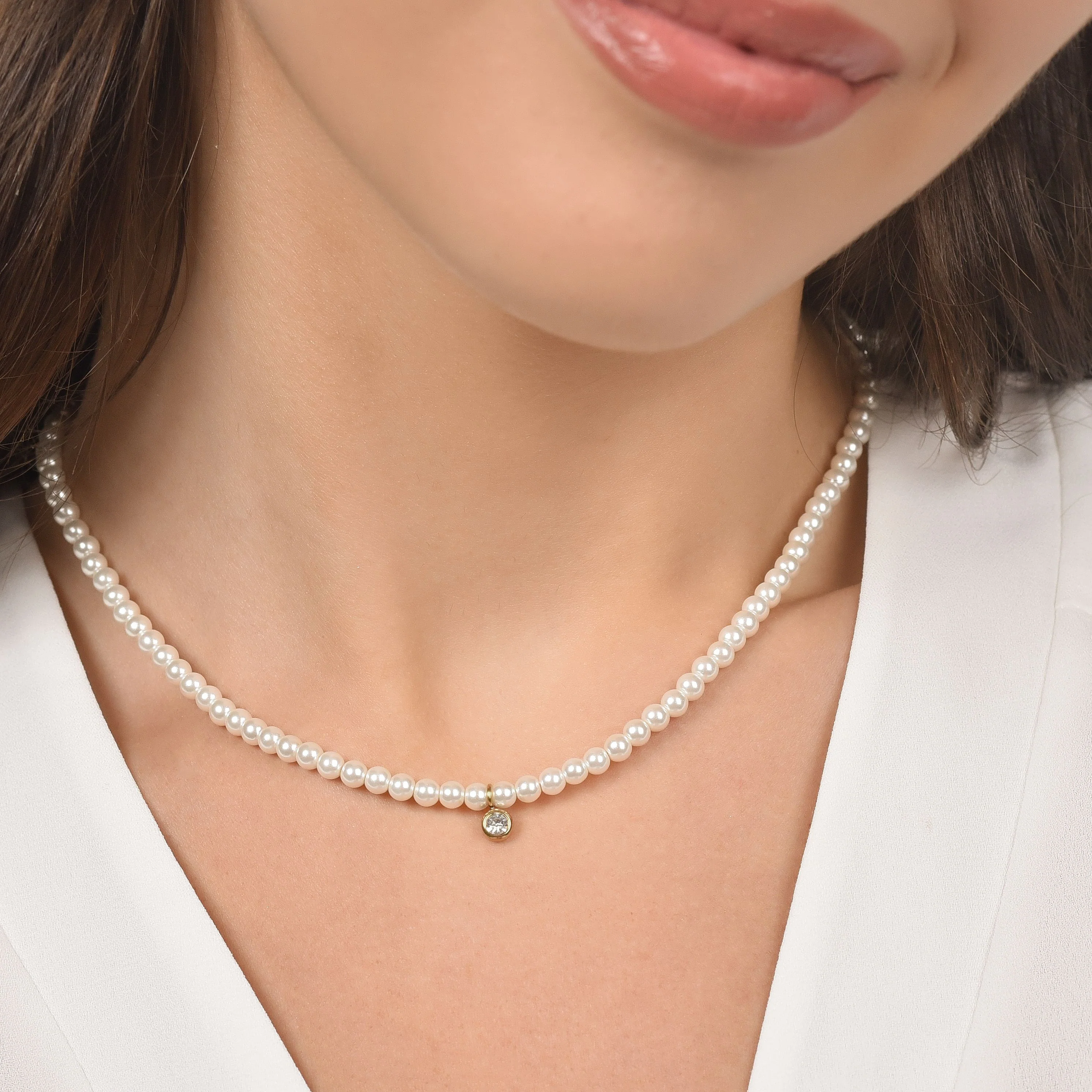 COLLANA DONNA IN ACCIAIO IP GOLD CON PERLE CON CRISTALLO BIANCO - Image 2