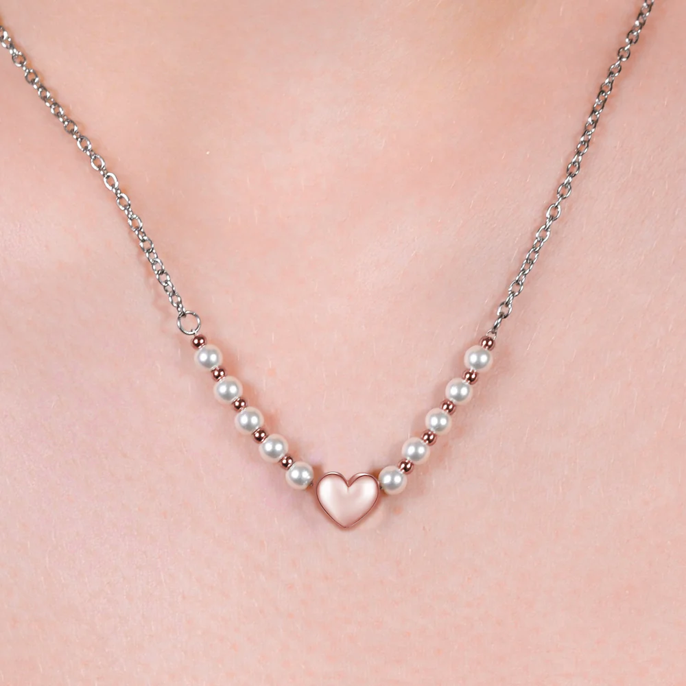 COLLANA DONNA IN ACCIAIO IP GOLD E PERLE BIANCHE CON CUORE IP ROSE - Image 2