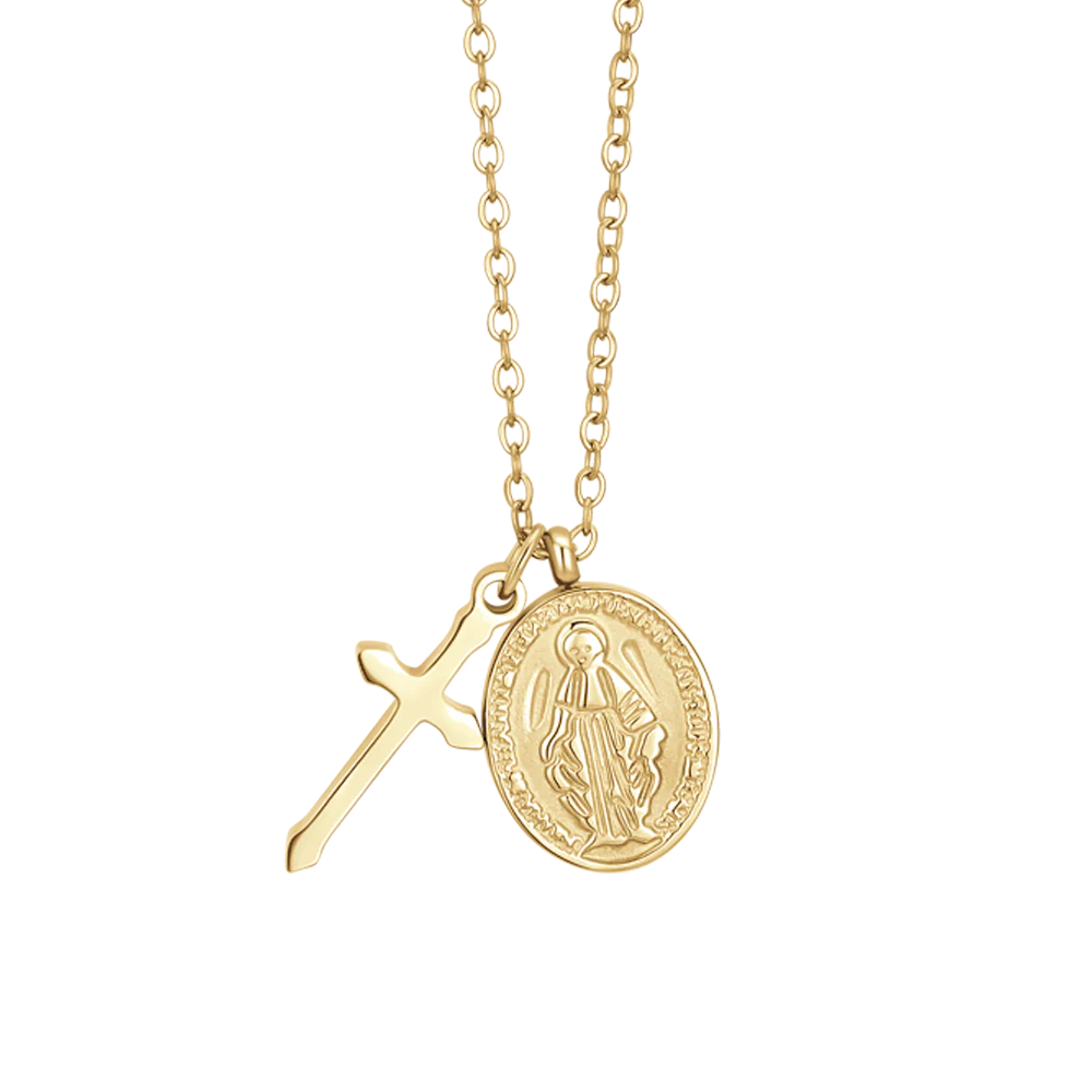 COLLANA DONNA IN ACCIAIO IP GOLD, MEDAGLIETTA CON MADONNINA MIRACOLOSA E CROCE - Image 4