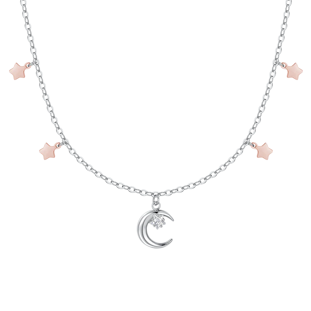 COLLANA DONNA IN ACCIAIO, LUNA CON ZIRCONE BIANCO E STELLE