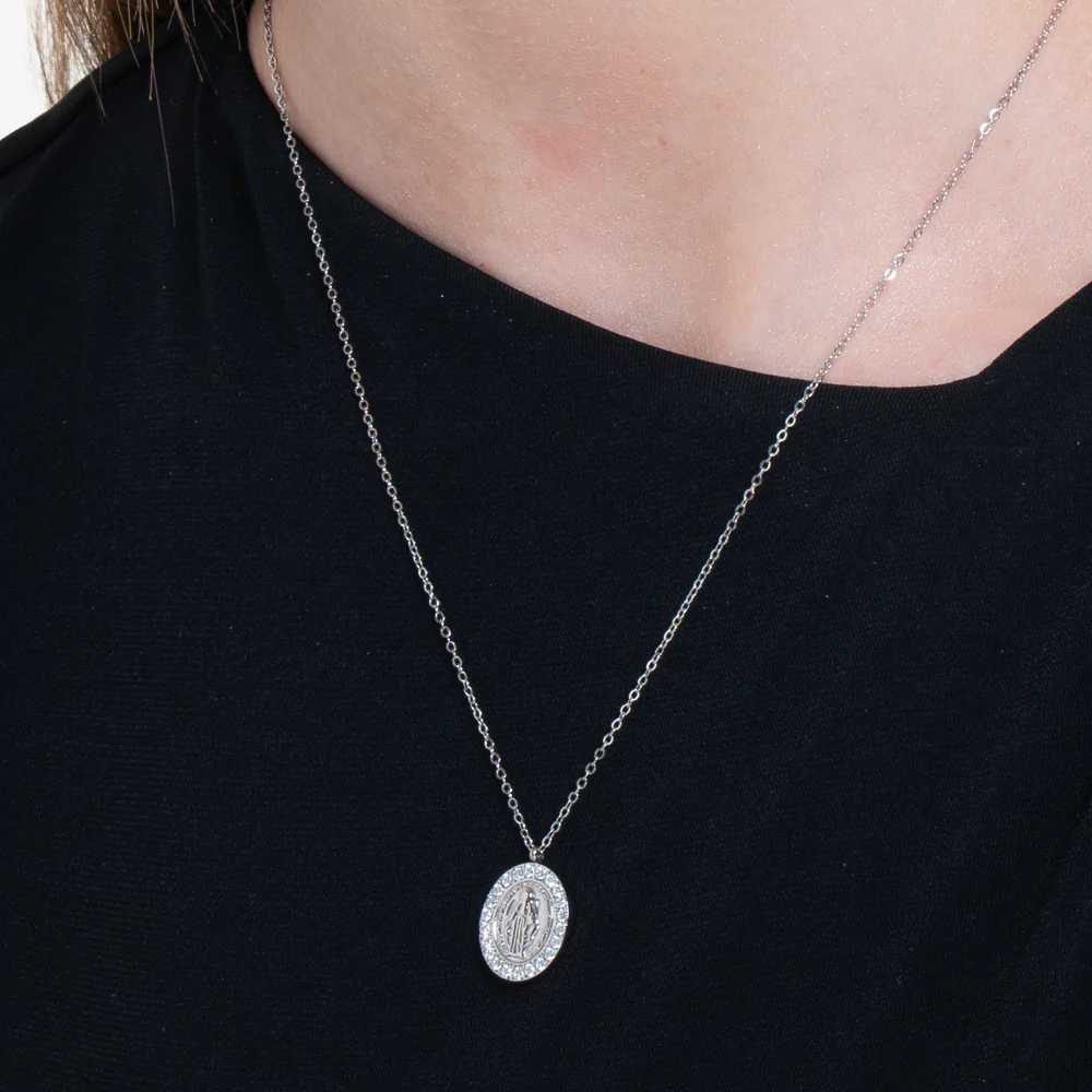 COLLANA DONNA IN ACCIAIO, MEDAGLIETTA CON MADONNINA E ZIRCONI BIANCHI - Image 2